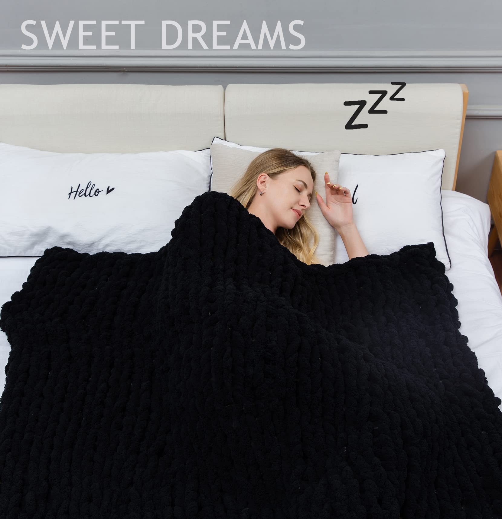 Alzoear Chunky Knit Throw Blanket - Soft Chenille Handmade Cozy Warm Blanket for Sofa, Bed, Couch - Perfect for Living Room, Bedroom Decor & Winter Snuggling (Black, 60x80 Inches)