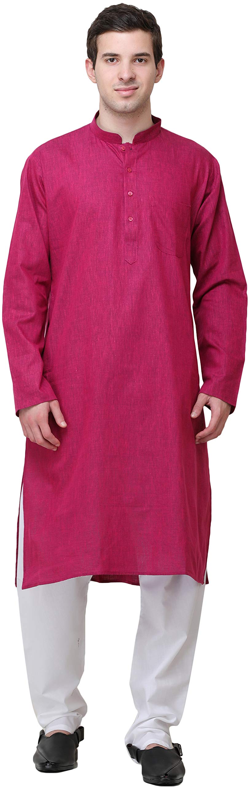 Exotic India Plain Cotton Kurta with White Pajama Set - Comfortable Traditional Indian Outfit for Men, Casual Wear & Festive Occasions