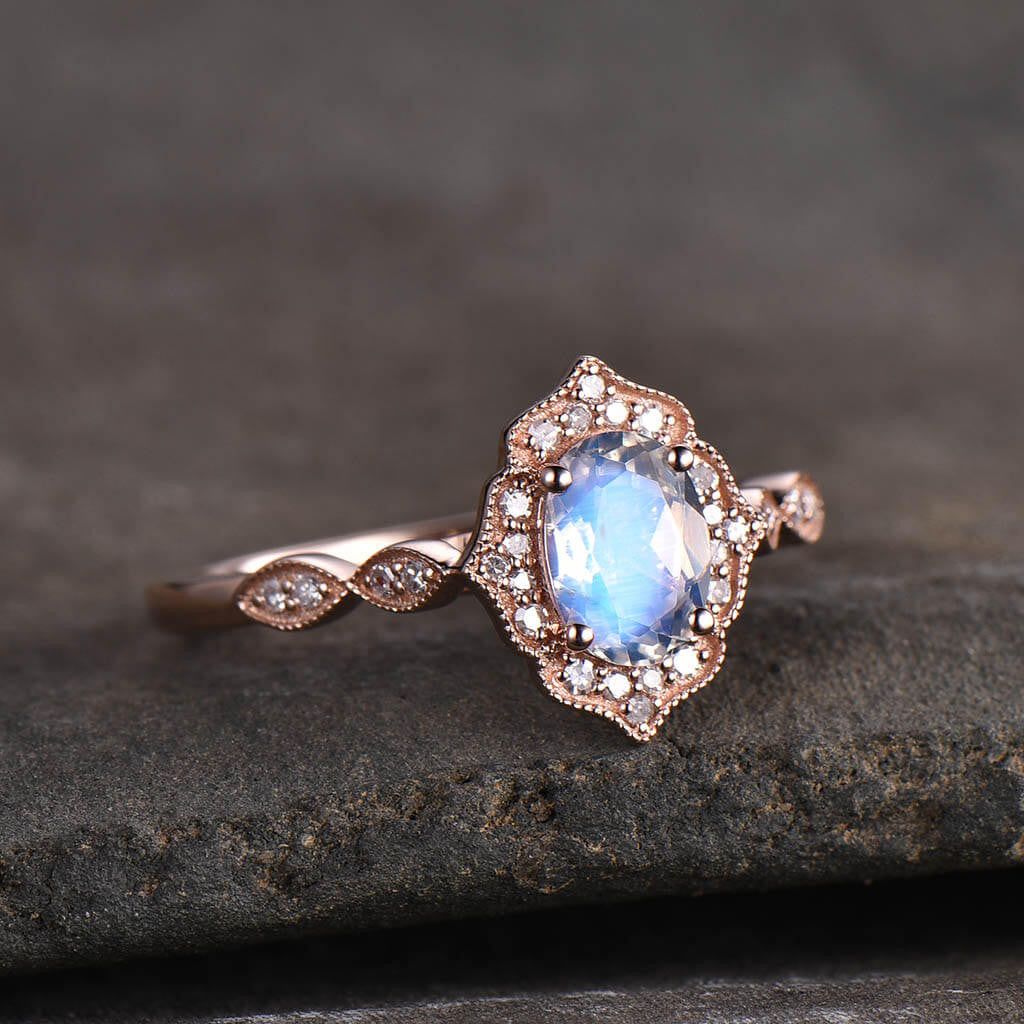 Vintage Moonstone Halo Engagement Ring - Rose Gold Milgrain Faceted June Birthstone Jewelry for Wedding, Proposal & Anniversary Gifts