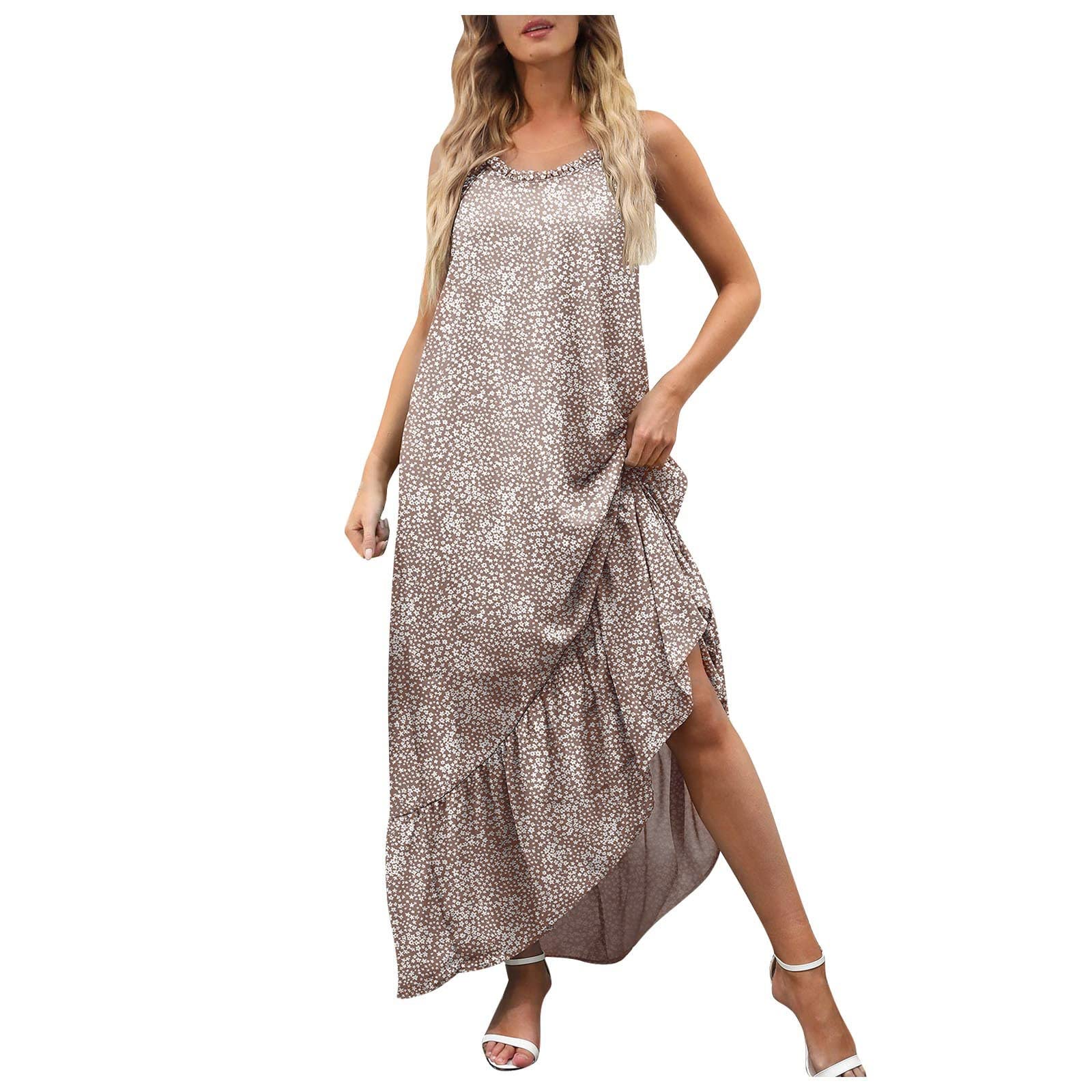 Women's Floral Spaghetti Strap Sleeveless Maxi Dress - Boho Beach Summer Dress with Ruffles & Loose Fit | Perfect for Vacations, Weddings & Casual Outings