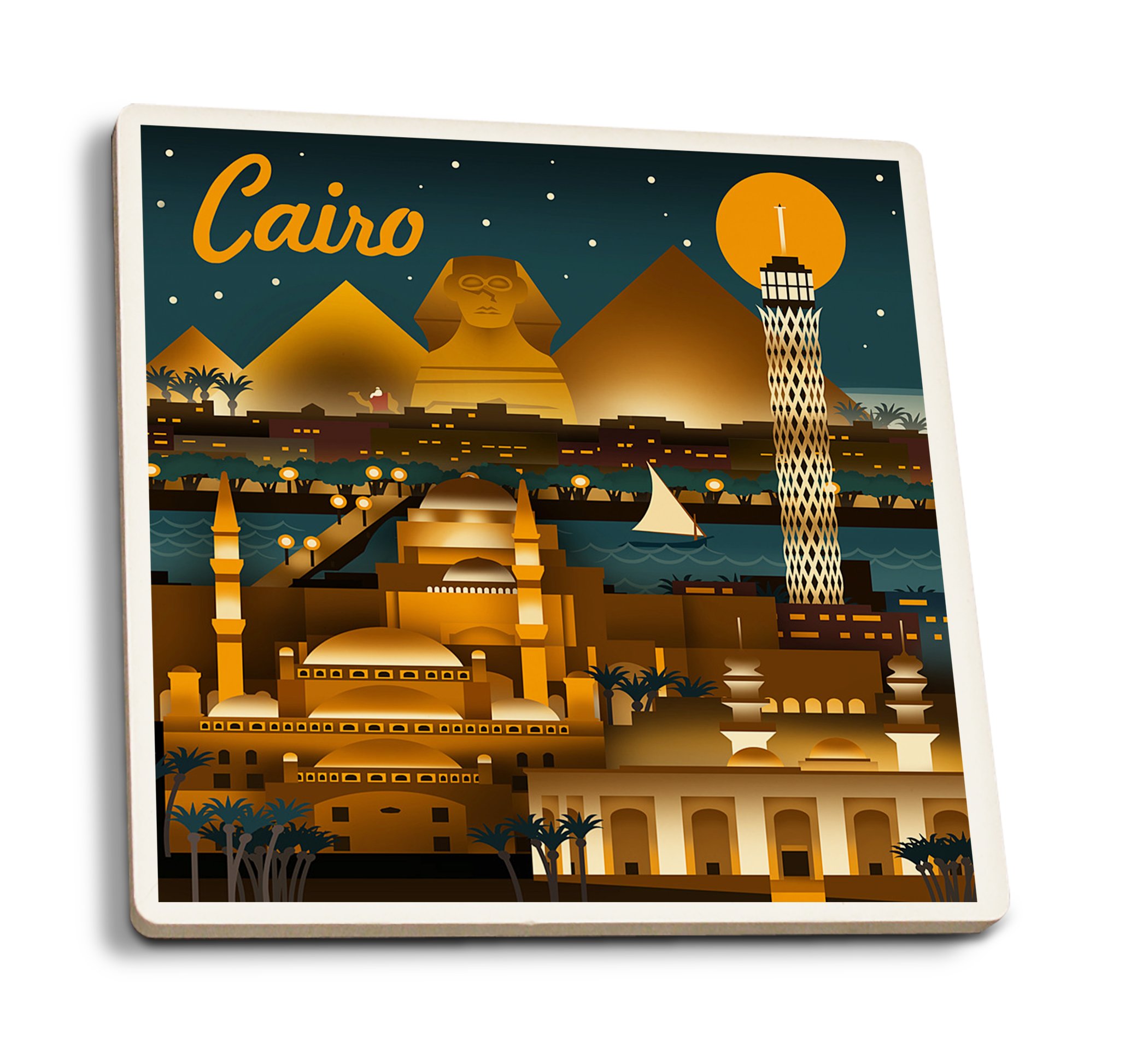 Egypt Cairo Retro Skyline Absorbent Ceramic Coasters Set of 4 - Cork Backed Drink Coasters for Kitchen, Dining Table, Office & Bar Decor - Perfect for Coffee, Wine & Cocktail Parties