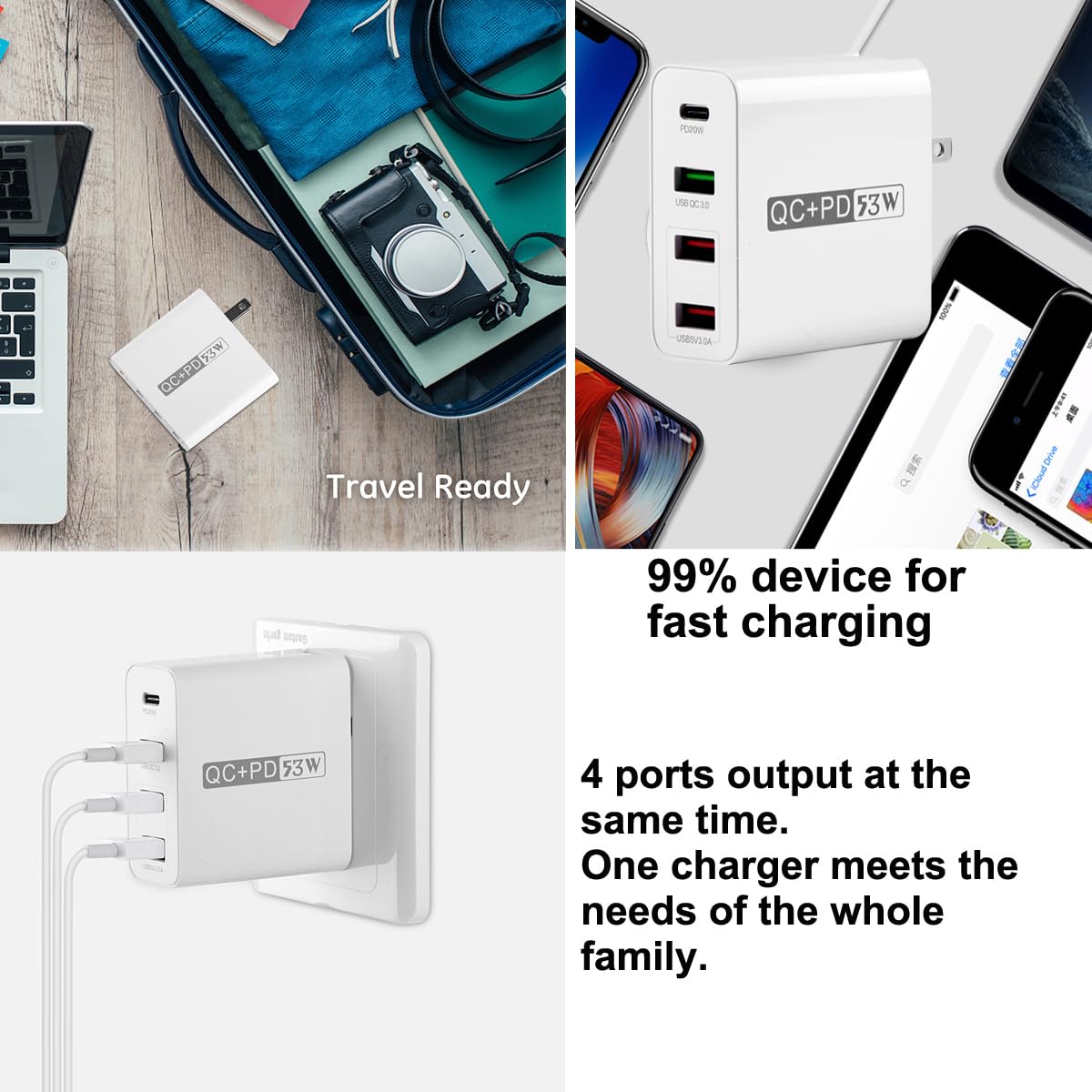 4-Port 53W USB Charging Station - Fast Desktop Charger for iPhone, Android Phones, Tablets & USB Devices | Perfect for Home, Office & Travel