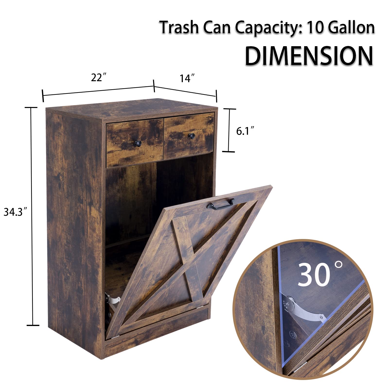 Tilt Out Trash Cabinet with 2 Drawers - Wooden Hidden Kitchen Recycling Storage - Free Standing Pet Proof Garbage Bin - Laundry Cabinet for Kitchen, Living Room & Dining Room - Rustic Brown - Perfect for Small Spaces & Pet-Friendly Homes