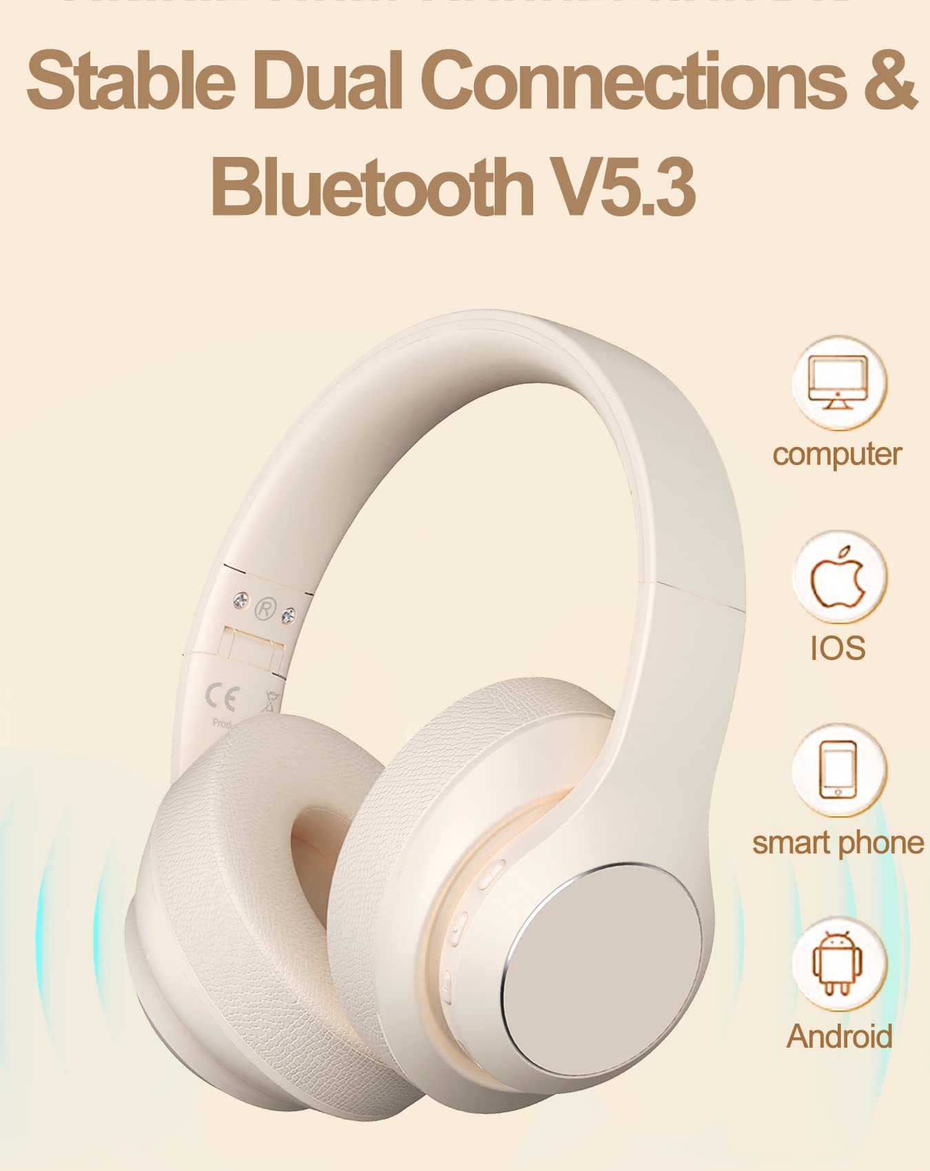 Premium Wireless Bluetooth Over-Ear Headphones - 40H Playtime, Built-in Mic, HiFi Stereo Sound, Foldable & Lightweight for Travel, Work, Gym & Commuting (Beige) - Noise Cancelling Headphones for Office, Study & Relaxation