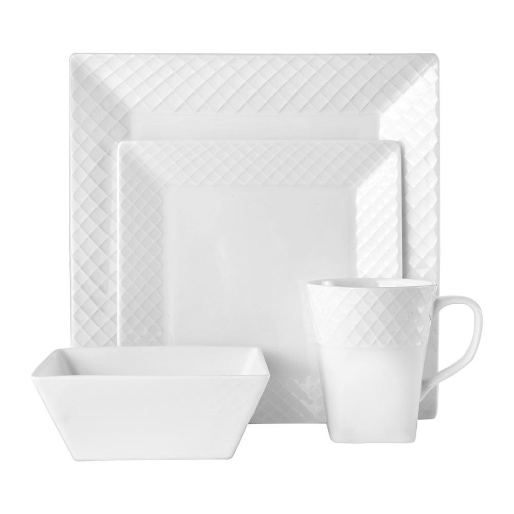 16-Piece White Square Trellis Dinnerware Set - Service for 4, Elegant Table Setting for Everyday Dining & Entertaining