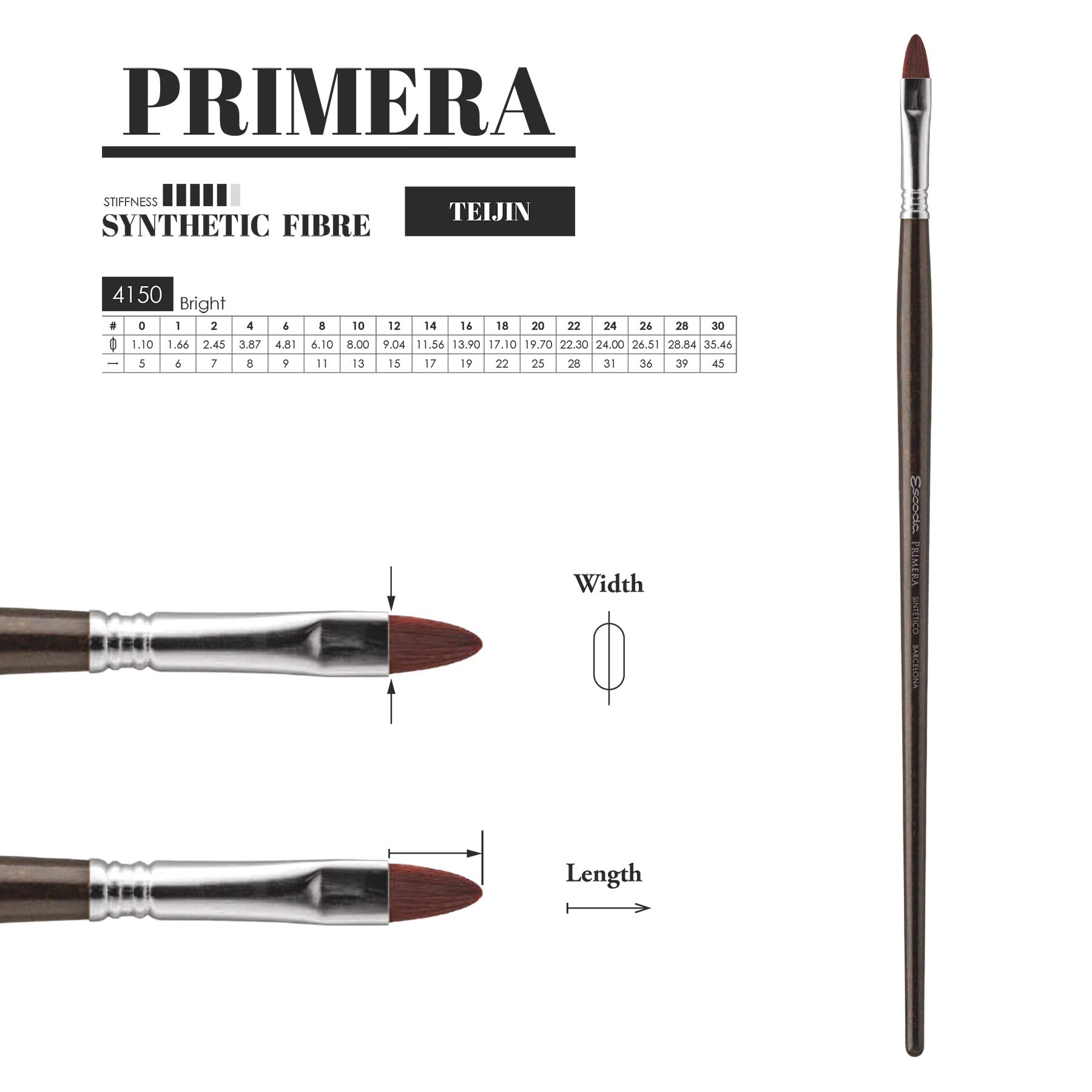 Escoda Primera Series 4150 Professional Artist Brush - Size 30 Synthetic Teijin Filament for Oil & Acrylic Painting - Bright Shape Maroon Bristles - Perfect for Canvas, Portrait & Fine Art Painting