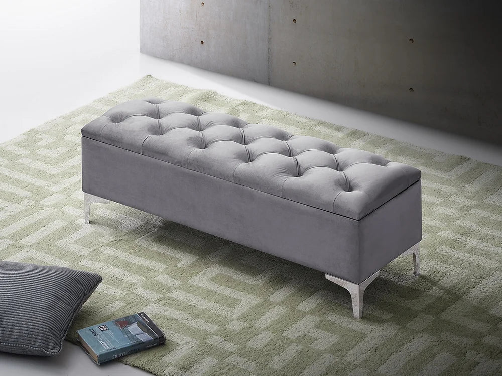 Grey Velvet Storage Bench with Button Tufting & Chrome Legs - Model 6500 | Entryway Seating, Bedroom Storage Ottoman, Living Room Footrest