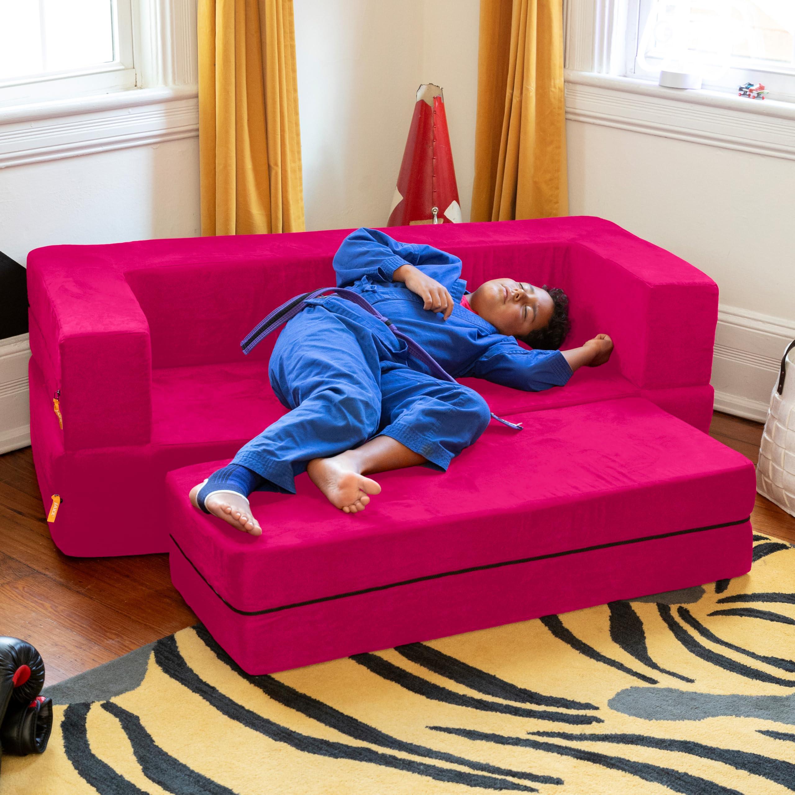 Jaxx Zipline 3-in-1 Fold Out Sofa with Large Ottoman - Big Kids Edition in Fuchsia (Model 17454) | Convertible Sleeper Sofa for Playrooms, Dorm Rooms & Small Spaces