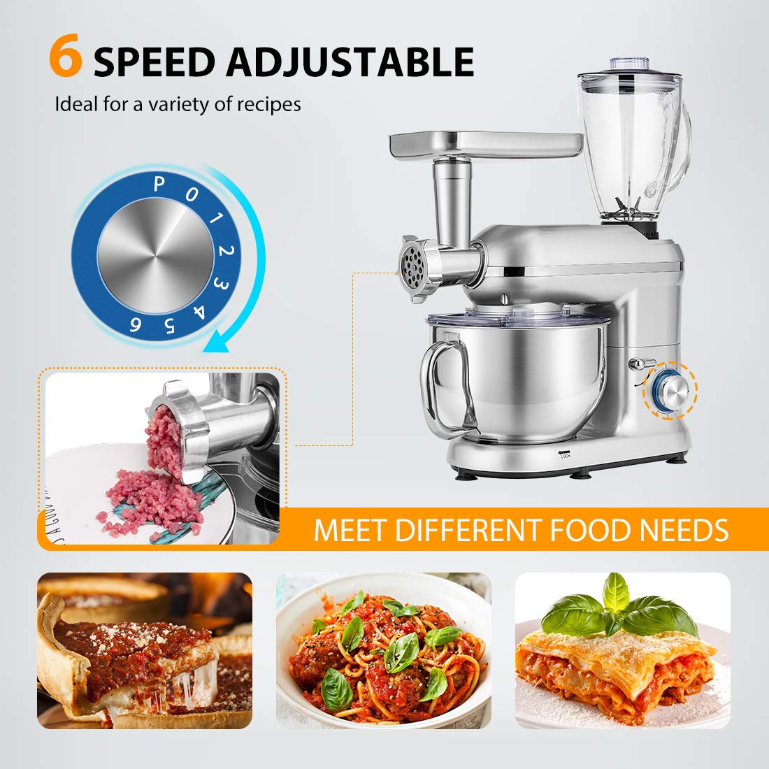 VIVOHOME 3-in-1 Multifunctional Stand Mixer with 6-Quart Stainless Steel Bowl, 650W 6-Speed Tilt-Head Meat Grinder & Juice Blender, Silver - Perfect for Baking, Grinding Meat & Making Smoothies at Home