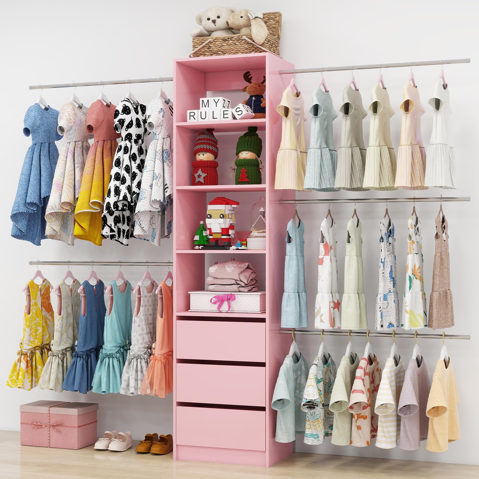 Custom Closet Organizer System 5-8FT with Drawers & Hanging Rods for Walk-in Closets (Pink)