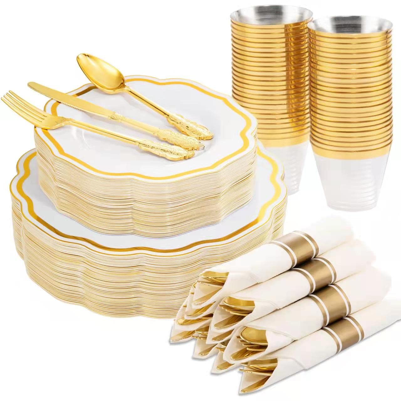 YOUBET 50-Pack Gold Plastic Plates with Disposable Cutlery & Cups - Elegant Party Dinnerware Set for Halloween, Thanksgiving, Christmas Celebrations - Perfect for Weddings, Birthdays, and Holiday Gatherings