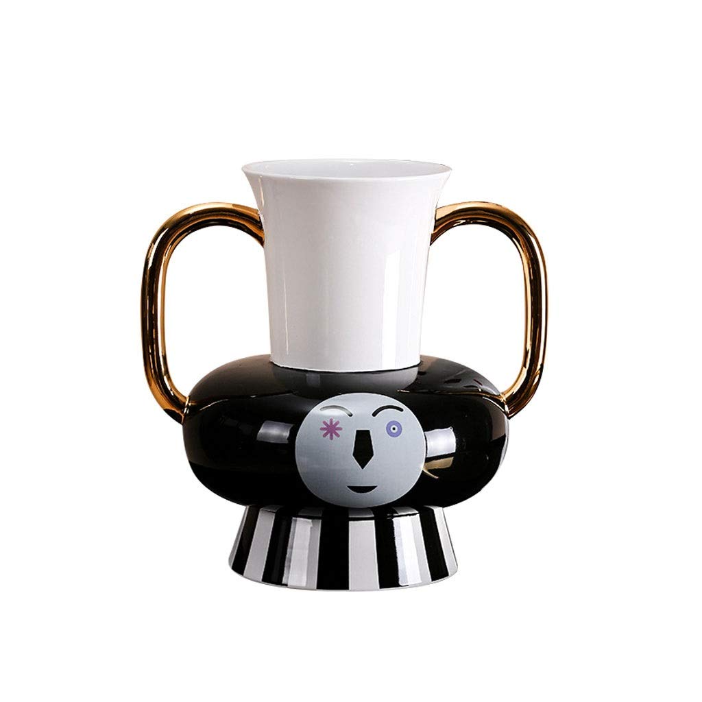 Zongshengshop Elegant Black and White Ceramic Vase - 9.25 Inch Tall Binaural Golden Flower Vase for Home Décor, Table Centerpiece & Wedding Decoration | Modern Art Display Vase (7.6 Inches Wide)