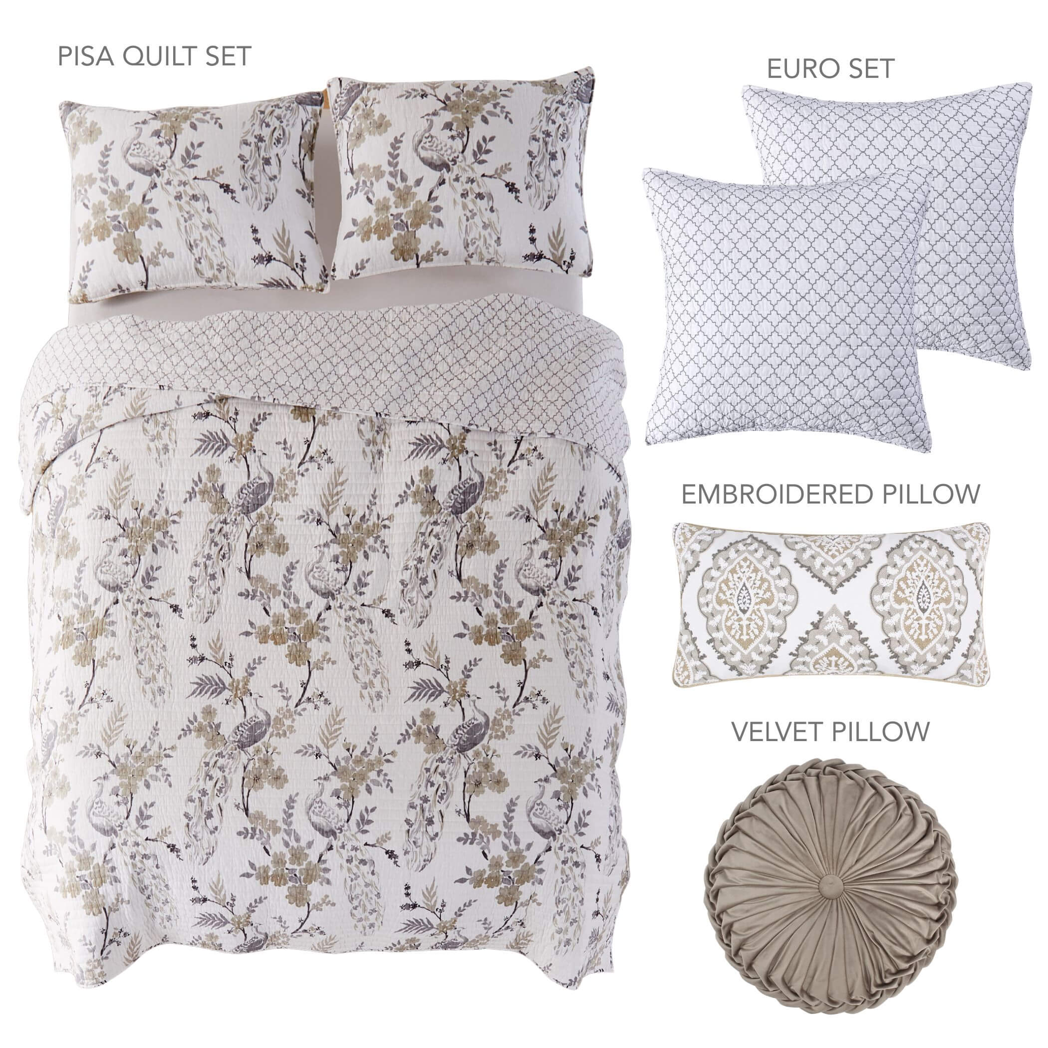 Premium Pisa Quilt Set with 2 Euro Shams & 2 Decorative Throw Pillows - Luxury Bedding Bundle for Master Bedroom, Guest Room & Home Decor