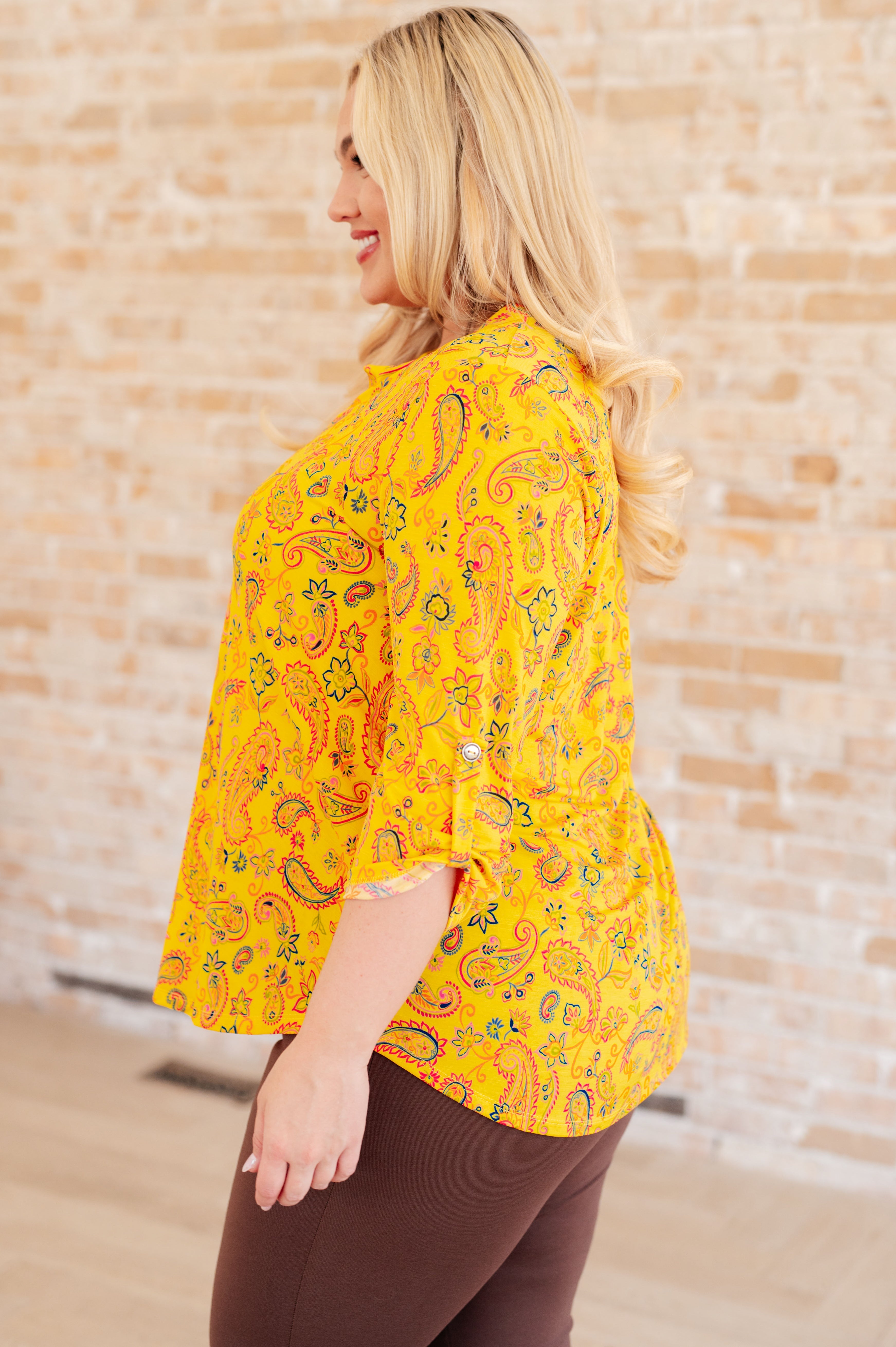 Lizzy Top - Stylish Yellow and Navy Paisley Print Blouse for Women | Perfect for Casual Outings, Office Wear & Summer Fashion