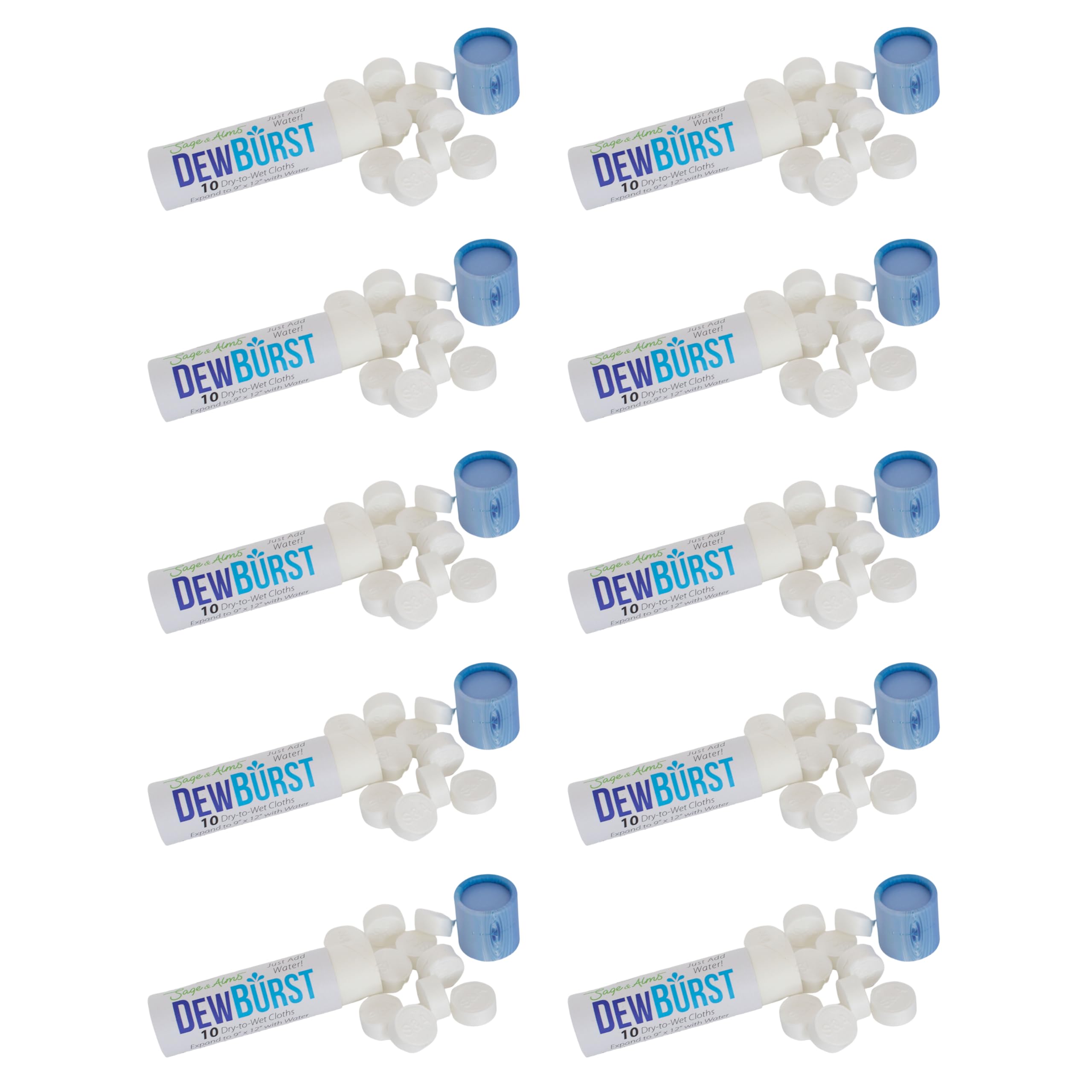 DewBurst Biodegradable Compressed Dry to Wet Wipes - 10 Cardboard Tubes (100 Cloths) | Eco-Friendly, Portable & Water-Activated | Perfect for Travel, Camping, Gym, Baby Care & Emergency Kits