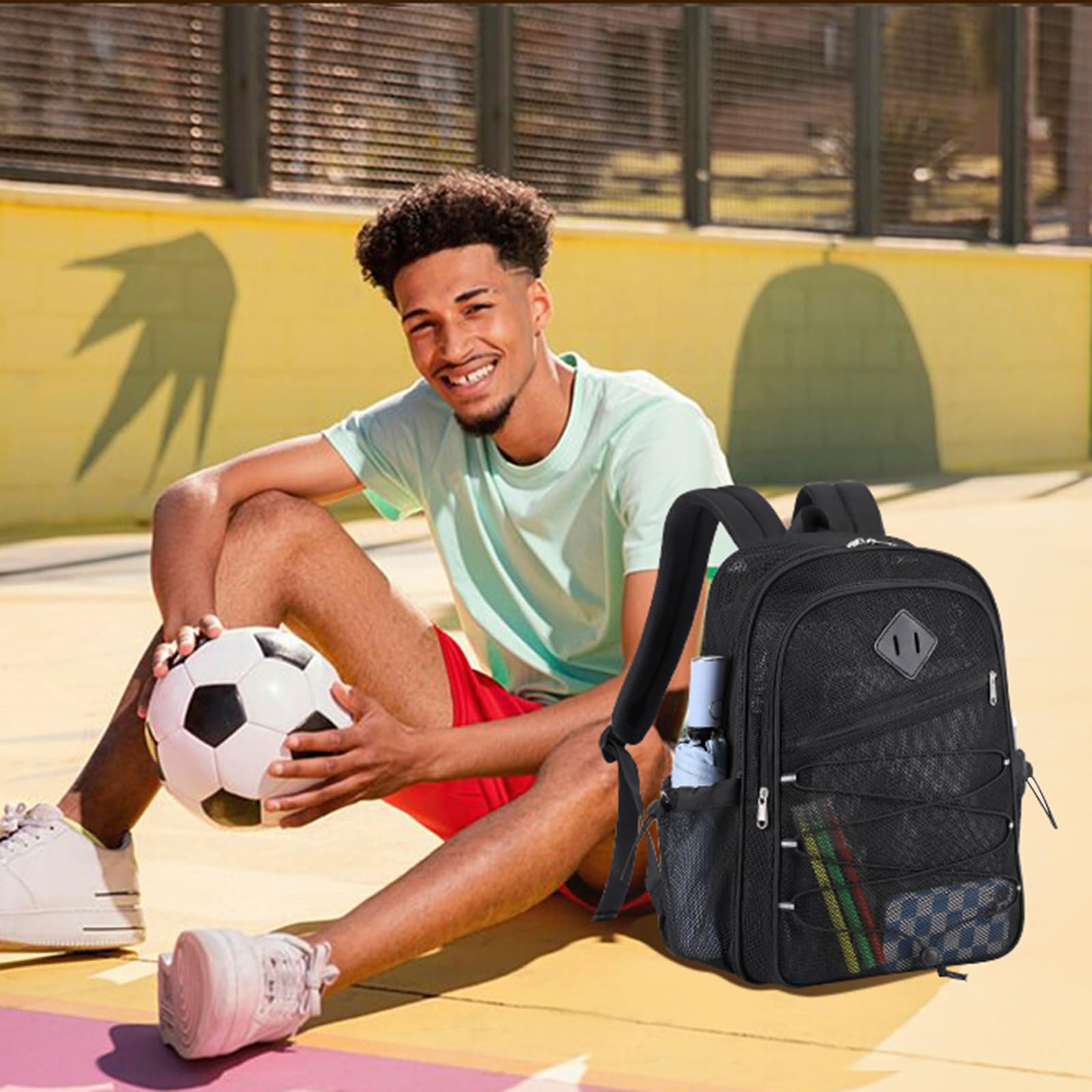 MOONBABY Heavy Duty Mesh Backpack for Boys - Transparent School Backpack with Breathable Design - Perfect for Swimming, Beach, Sports, Work & Travel - Durable See-Through Bookbag for School, Gym & Outdoor Activities (Black)