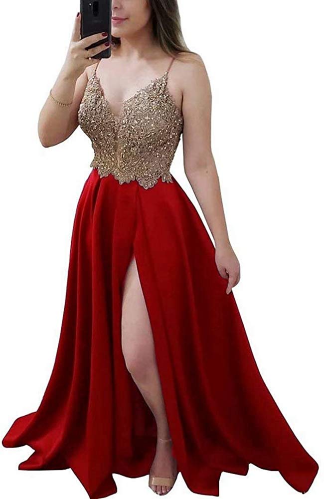Elegant Spaghetti Strap Prom Dress with V-Neck & High Slit - Long Formal Evening Gown for Bridesmaids, Homecoming, and Special Occasions