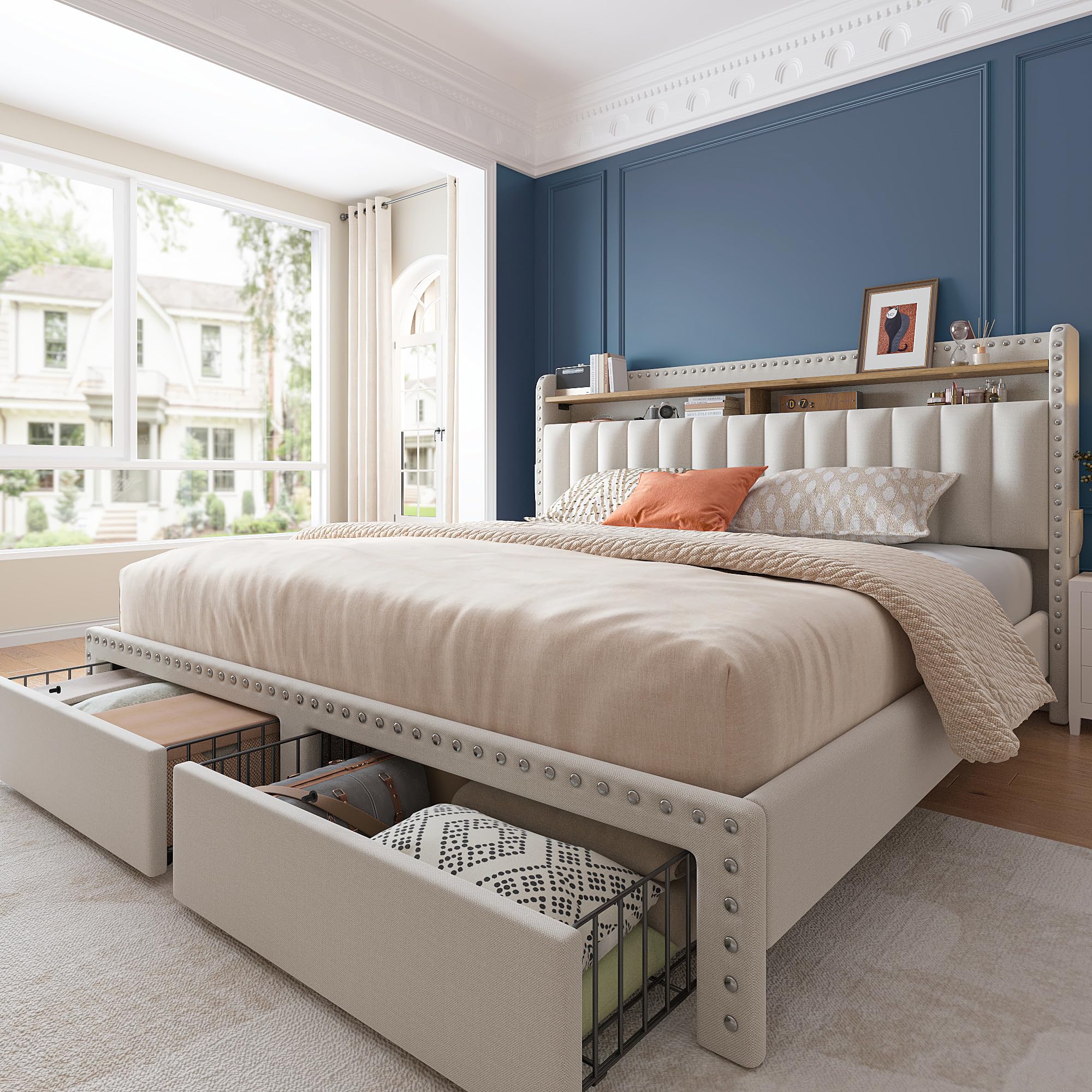EnHomee Upholstered Queen Bed Frame with Headboard & Storage - 2 Drawers, No Noise, No Box Spring Needed - Perfect for Small Bedrooms, Guest Rooms & Modern Apartments