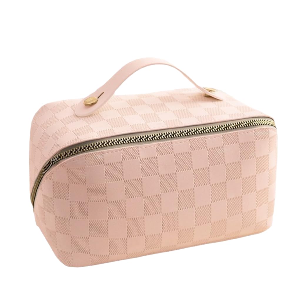 Large Capacity Waterproof Checkered Makeup Bag for Women - Portable Travel Cosmetic Organizer with Zipper (Pink Checkered Pattern) | Perfect for Gym, Daily Use, Gift Giving & Travel Essentials Storage