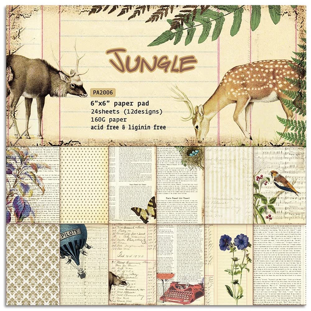 24 Sheet 6x6 Inch Vintage Scrapbook Paper Pad - Floral Leaves Birds Butterflies Deer Design, 160GSM Single-Sided Junk Journaling Cardstock, DIY Scrapbooking, Card Making, Album Decor, Gift Wrapping Supplies