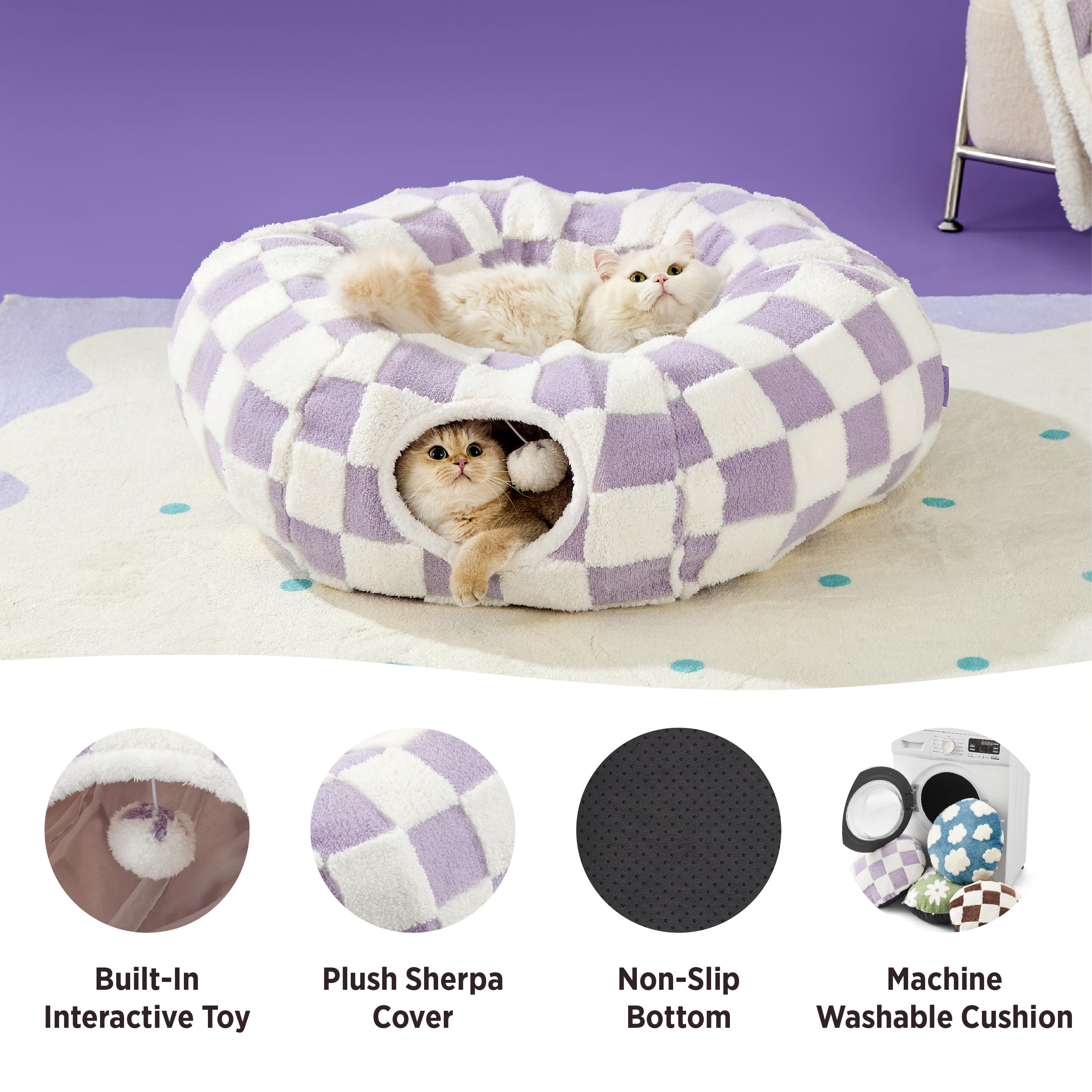 Lesure Cat Tunnel Bed for Indoor Cats - Washable Donut Tunnel with Cushion, Round Peekaboo Hideaway Toy for Kittens, Puppies & Rabbits (Purple) - Perfect for Playtime, Napping & Indoor Pet Adventures