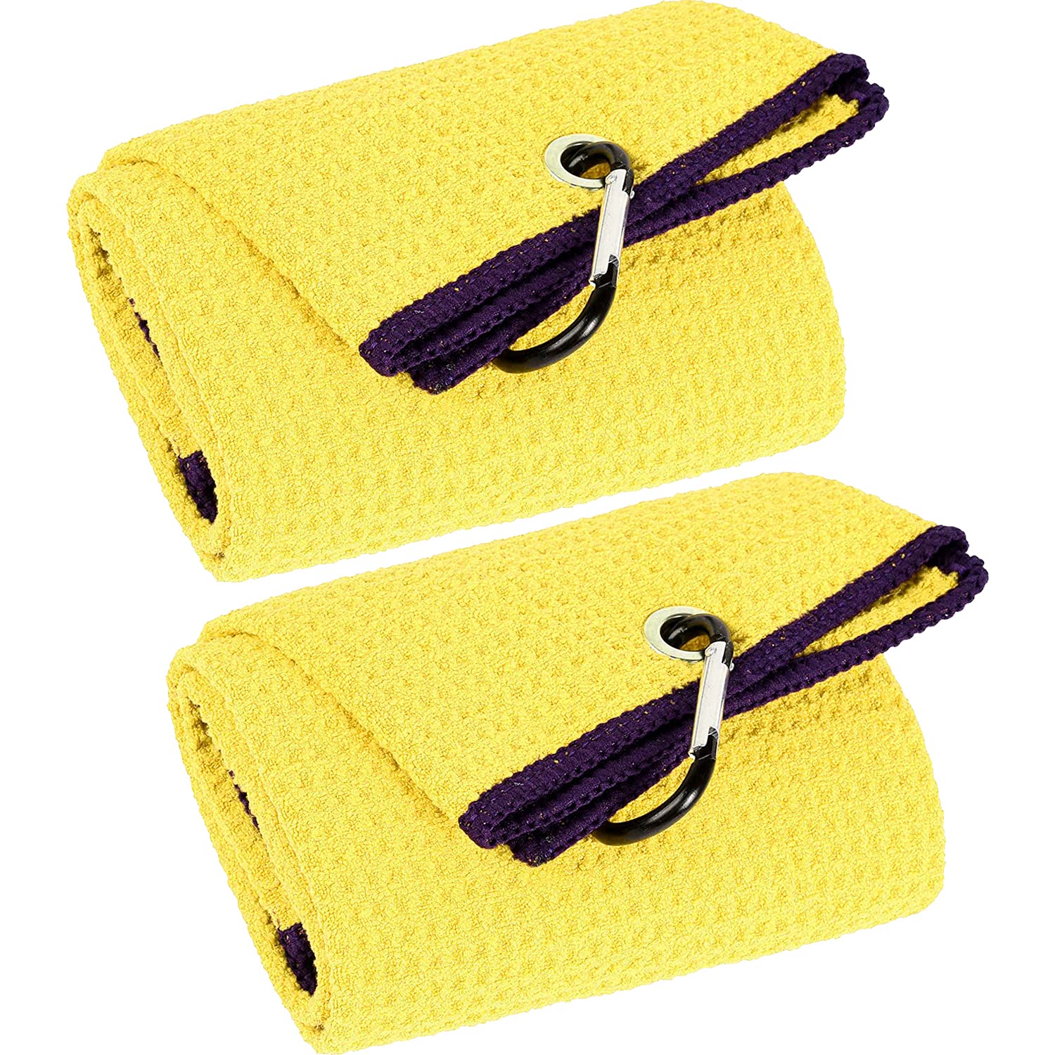 Premium 2-Pack Tri-Fold Golf Towels - Super Absorbent Microfiber Waffle Pattern with Heavy Duty Carabiner Clip - Yellow Golf Accessories for Men | Perfect for Golf Bags, Carts & Club Cleaning