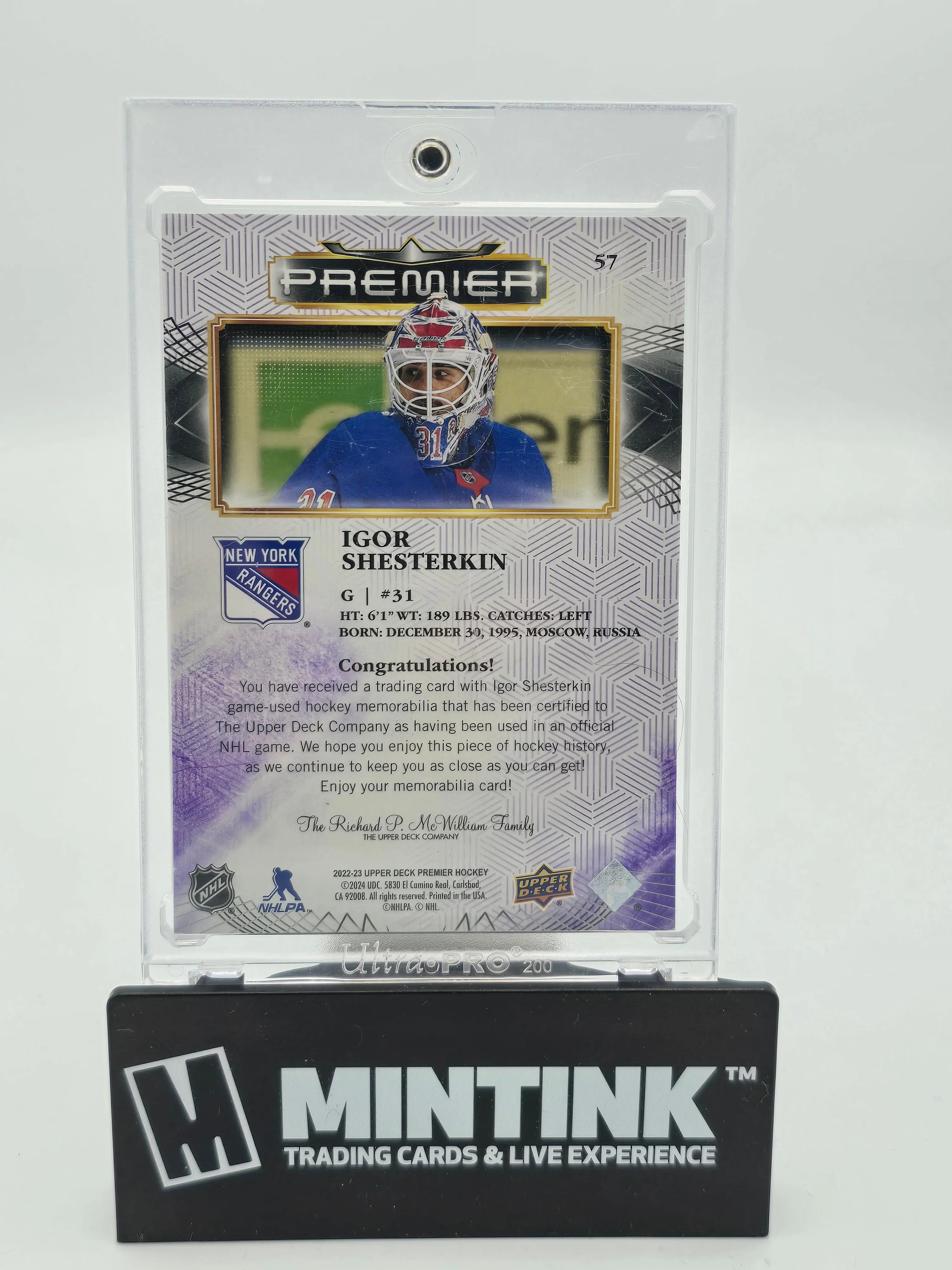 2022-23 Upper Deck Premier Hockey Igor Shesterkin Purple Gold Foil Neck Line Relic 1/3 - Rare NHL Collectible for Hockey Fans & Sports Memorabilia Collectors - Perfect for Display, Investment & Gifting
