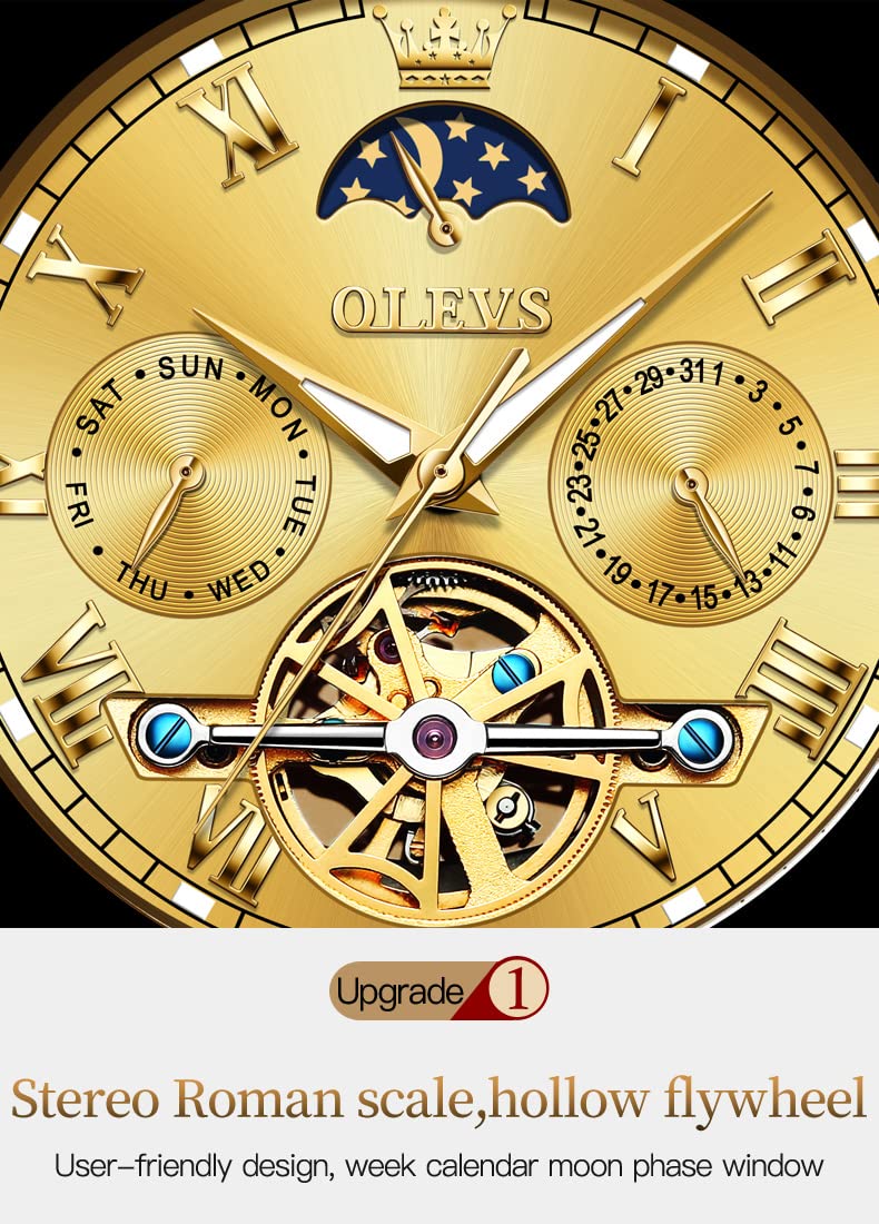 OLEVS Automatic Couple Watches for Men and Women - His and Hers Matching Mechanical Self-Winding Tourbillon Dress Watches with Day Date Calendar, Big Face, Two Tone - Perfect Anniversary Gift for Couples, Wedding Present, Romantic Date Night Accessories