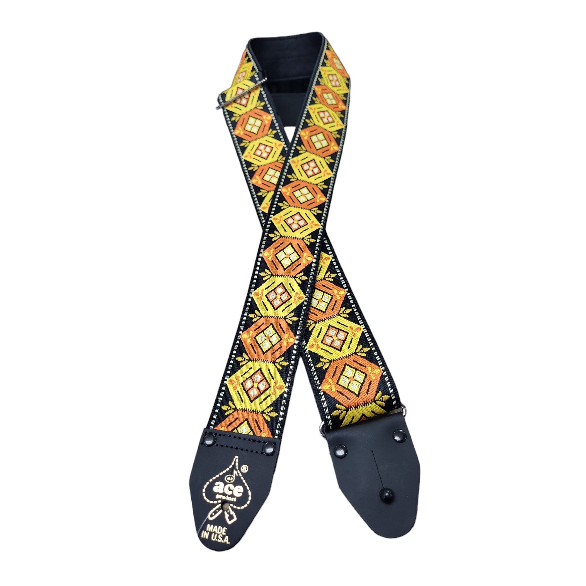 Vintage Reissue ACE16 2 Guitar Strap - Orange & Yellow on Black | Premium Leather Guitar Strap for Electric & Acoustic Guitars | Perfect for Stage Performances & Studio Sessions