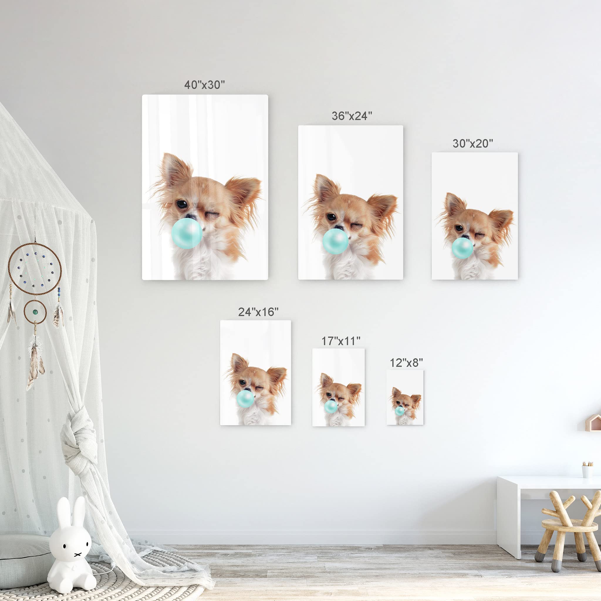 Chihuahua Dog Chewing Teal Blue Bubble Gum - Metal Wall Art Print for Pet Lovers, Pop Art Decor for Office, Living Room, Bedroom & Nursery - 30x20 Inches - Perfect Gift for Dog Owners & Animal Art Enthusiasts