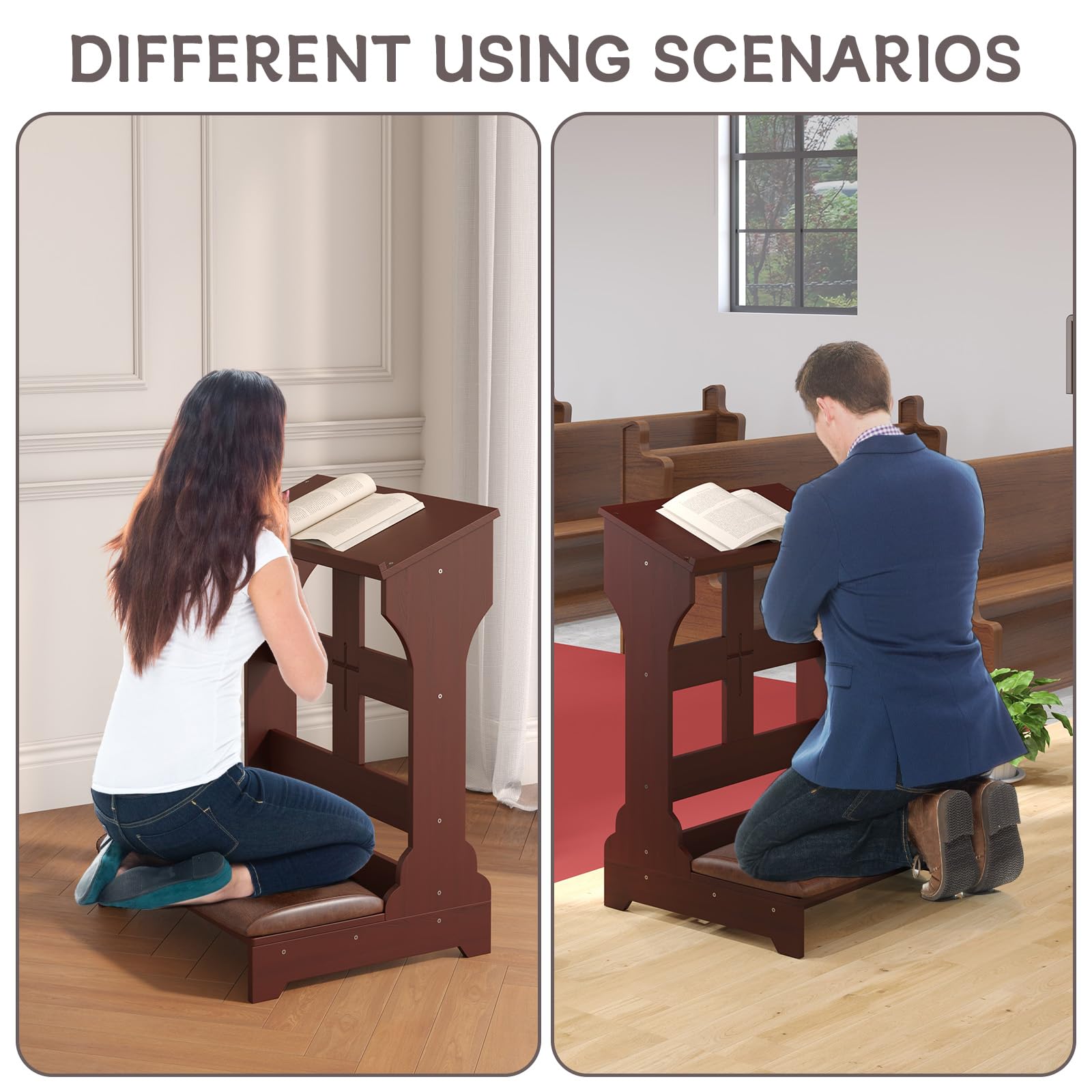 **Solid Wood Prayer Bench Stool with Shelf & Cushion - 23x20x32.8 Inch Kneeling Bench for Church, Home Worship - Religious Gifts & Devotional Furniture for Comfortable Prayer & Meditation**