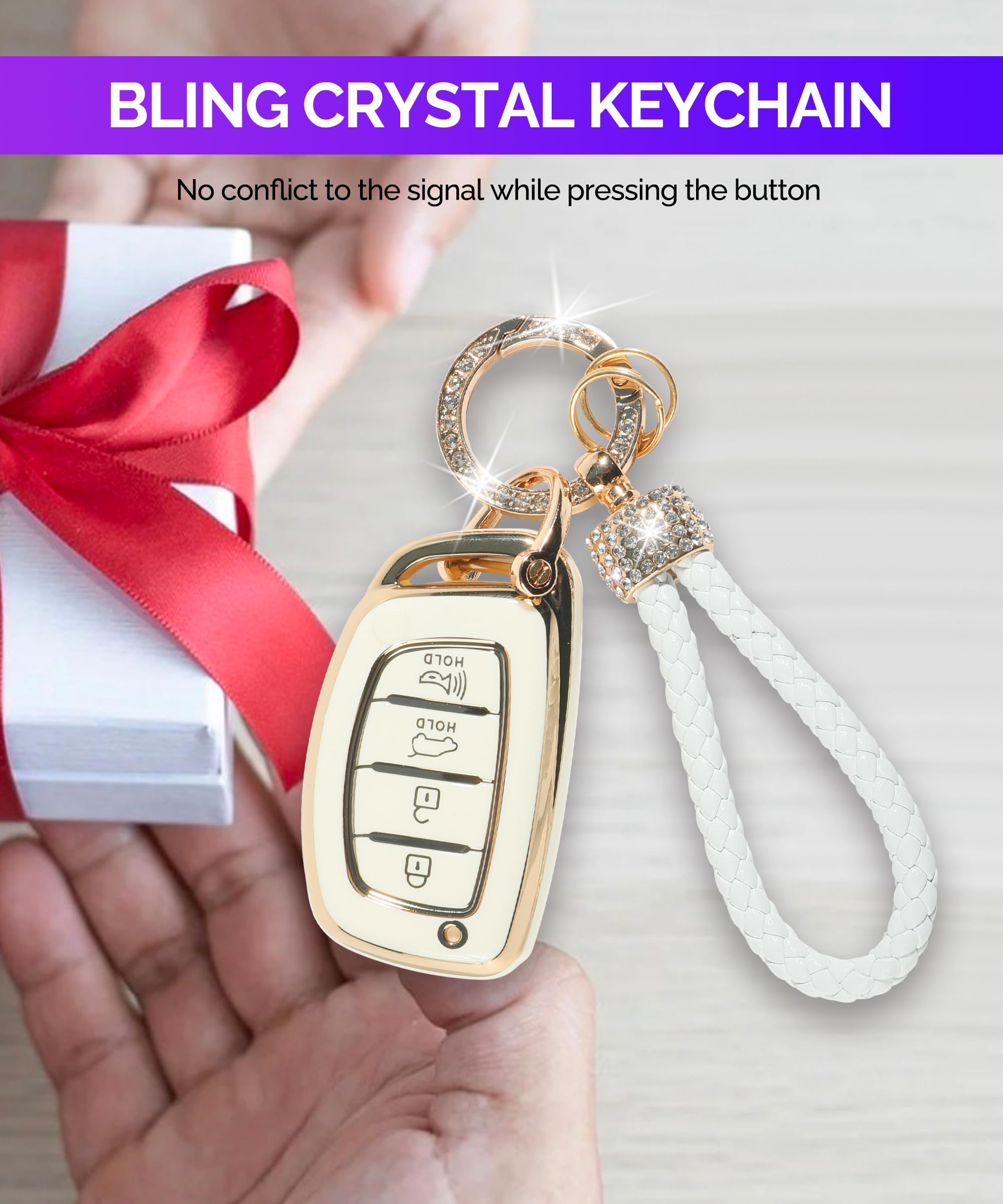 RACOONA Car Key Cover - Universal Smart Key Protector Case with Keychain | Compatible with Hyundai & Most Car Models (4 Button, White) | Durable Shell Protection for Key Fobs - Perfect for Daily Use, Travel & Key Organization