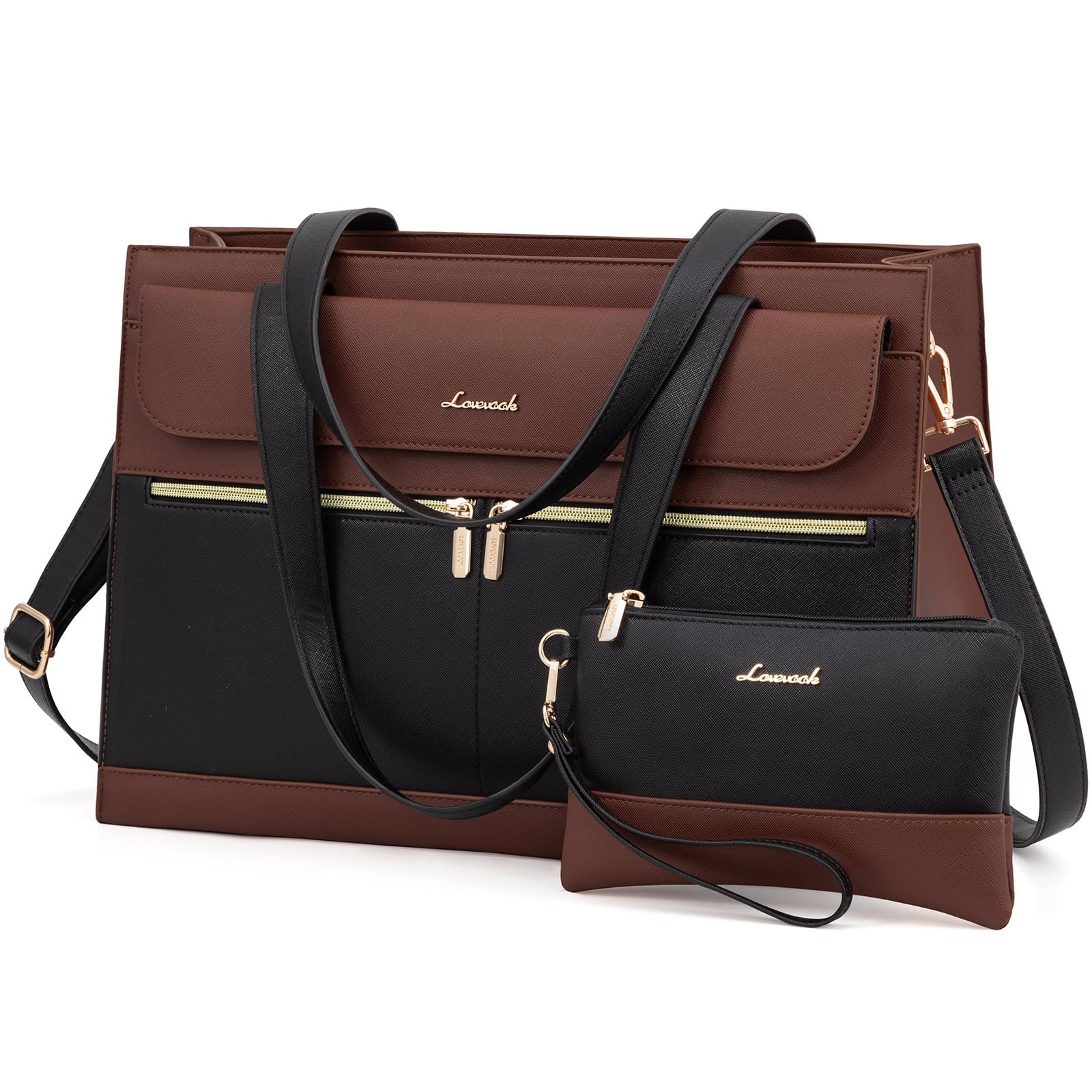 LOVEVOOK Women's Laptop Bag - Stylish & Durable Black-Brown Computer Bag for Work, School & Travel | Fits 15.6 Inch Laptops | Professional Business Tote with Multiple Pockets