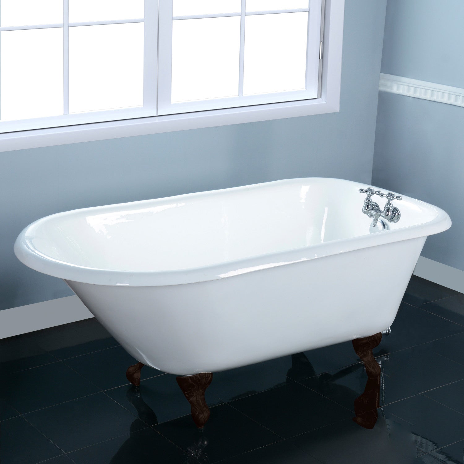 54 Inch White Cast Iron Clawfoot Bathtub with Oil Rubbed Bronze Feet - Oval Roll Top Design (3 3/8 Inch Wall Drillings) - Vintage Freestanding Tub for Luxury Bathroom & Spa Relaxation