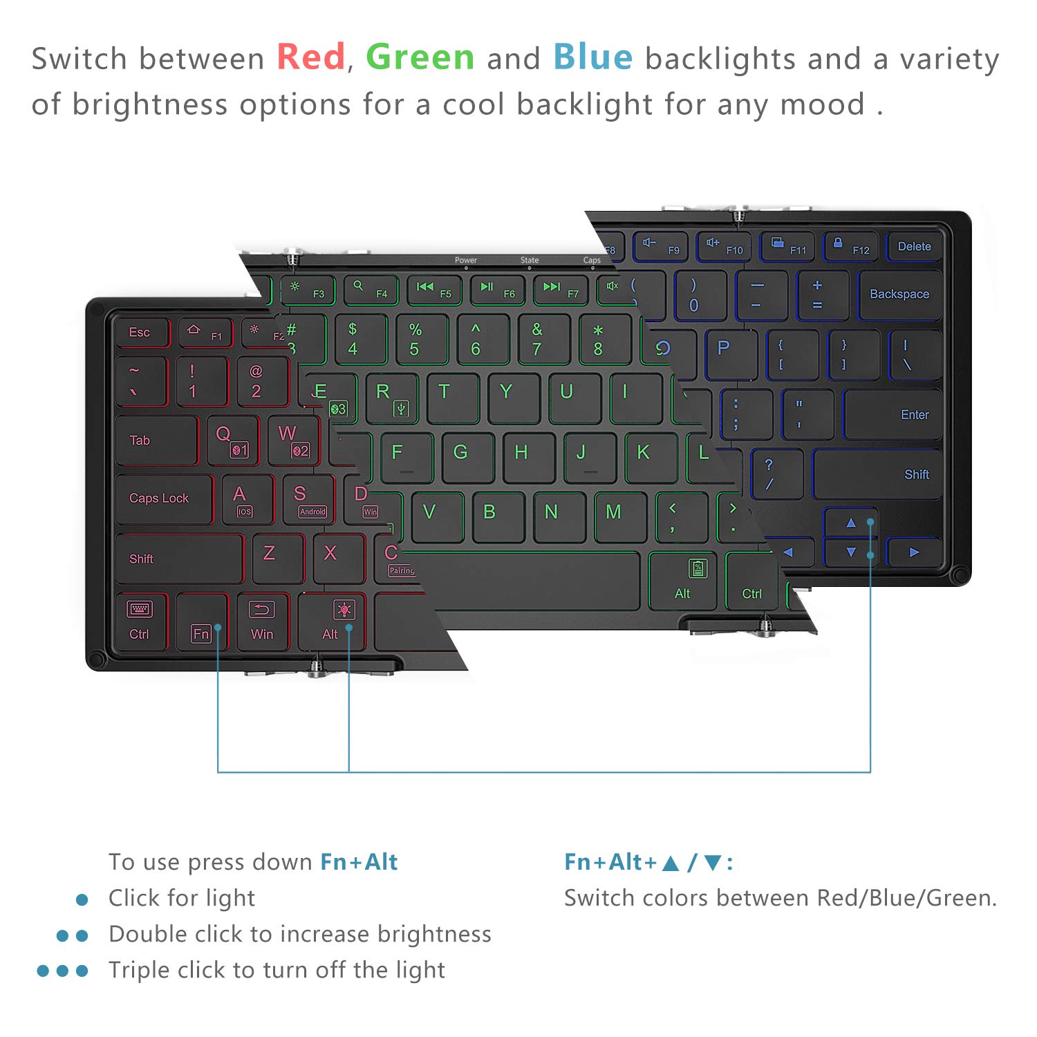 iClever BK05 Bluetooth 5.1 Keyboard - 3-Color Backlit, Foldable, Multi-Device Compatible with iOS/Android/Windows - Aluminum Alloy Base for Tablets, Smartphones, Laptops & PC | Perfect for Travel, Office & Home Use