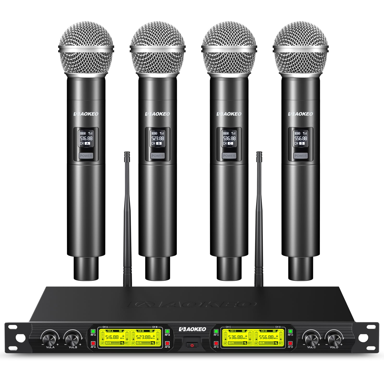 Aokeo 4 Channel UHF Wireless Microphone System with 4 Handheld Dynamic Mics - Professional Metal Receiver for Karaoke, Singing, Wedding, Party, Speech & Church Events - Perfect for Live Performances, Stage Shows & Public Speaking