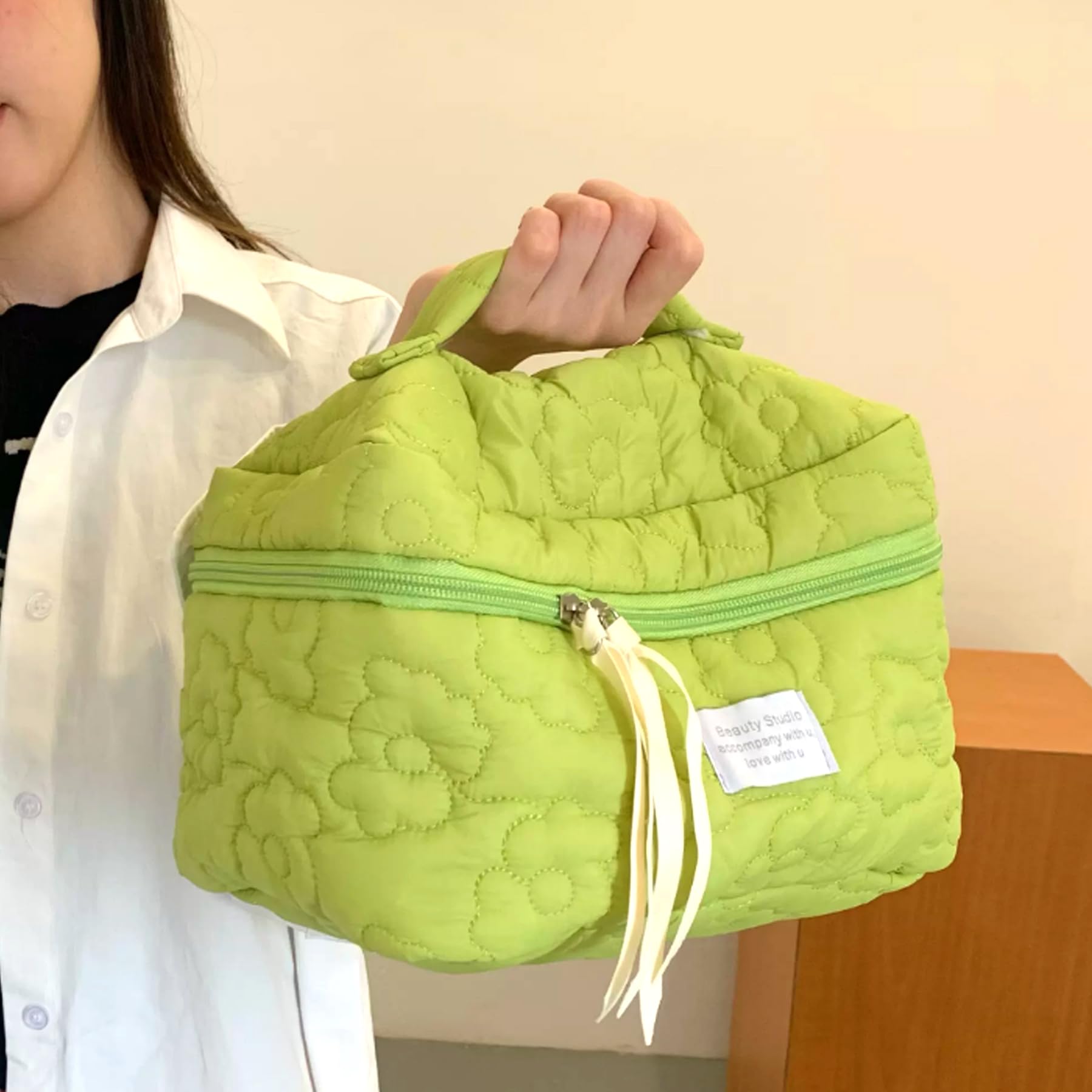 2PCS Large Quilted Makeup Bags for Women - Floral Cosmetic Organizer, Aesthetic Flower Toiletry Bag, Travel Essentials Case (Green, 2 Sizes) | Perfect for Travel, Gym & Daily Beauty Storage