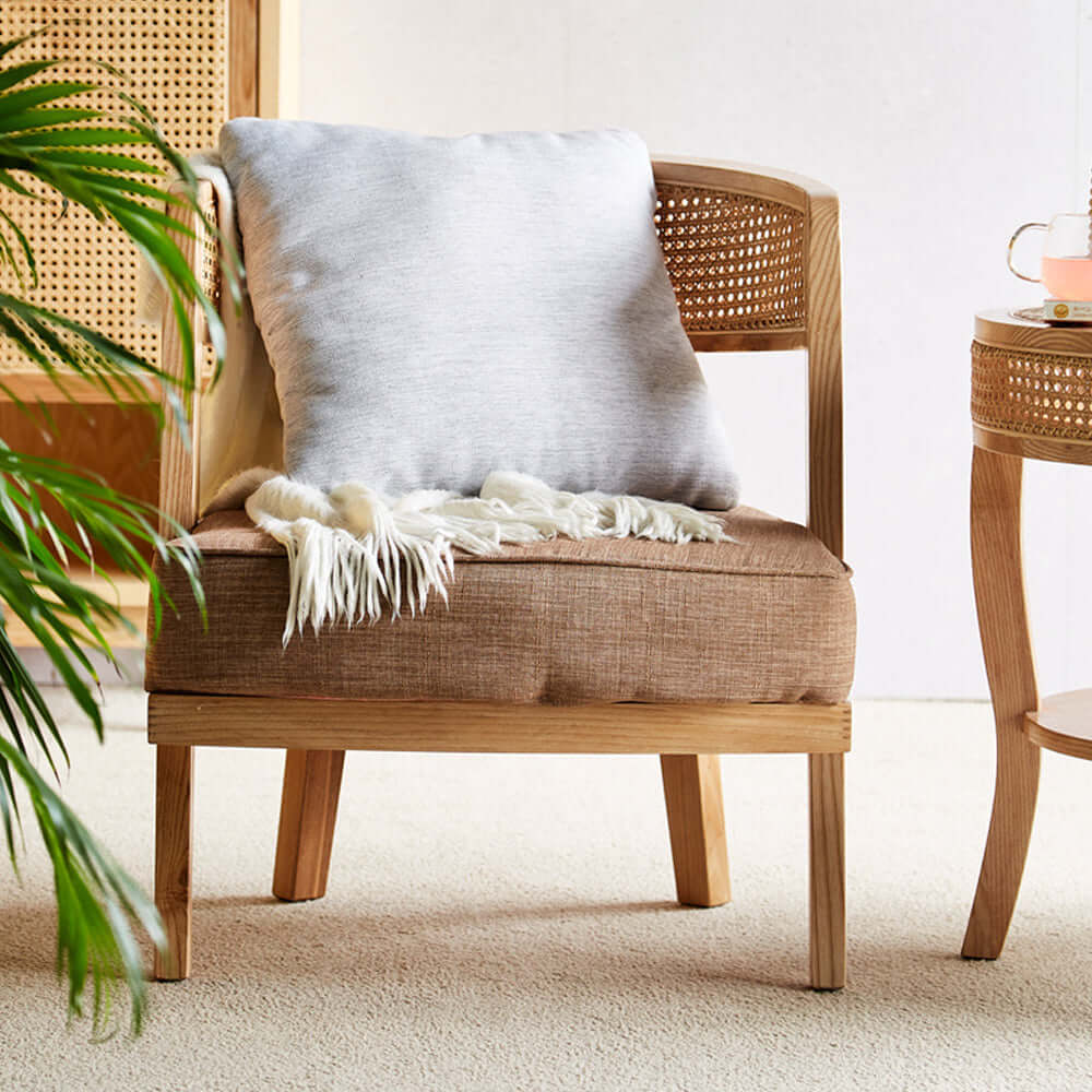 Modern Ash & Rattan Accent Chair with Cotton & Linen Upholstery - Stylish Living Room Furniture for Home Decor & Relaxation