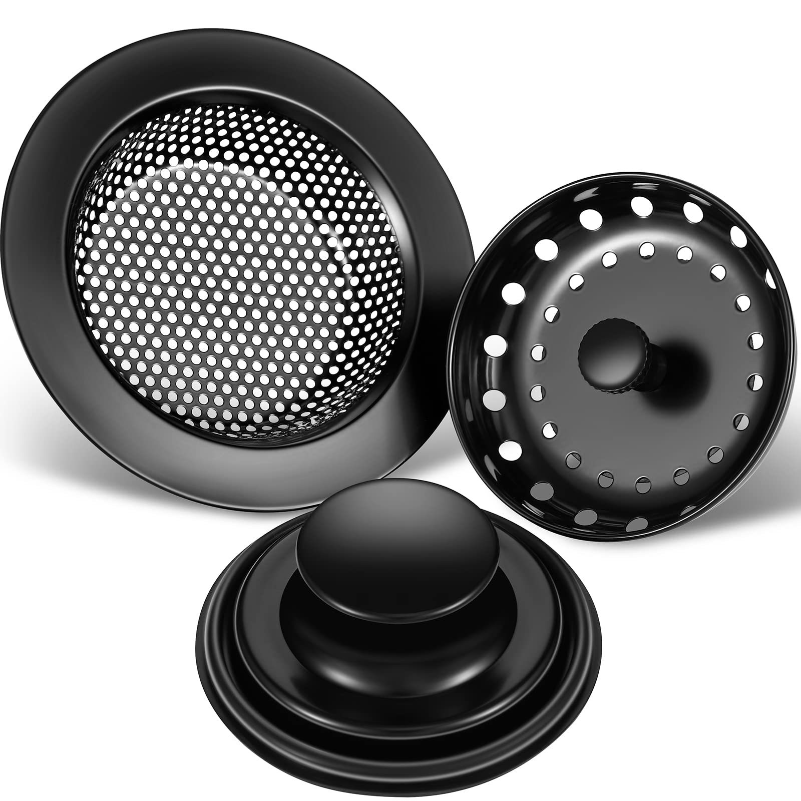 3-Piece Stainless Steel Kitchen Sink Stopper Strainer Set - Universal Anti-Clogging Drain Plug & Filter Basket for Garbage Disposal - Wide Rim Design (Black) - Perfect for Bathroom, Kitchen Sink, and Utility Room Drain Protection