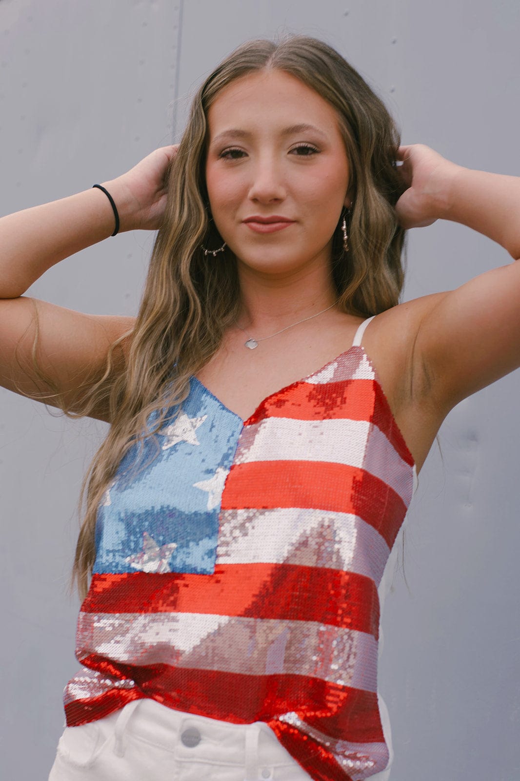 American Flag Sequin Cami Top - Patriotic Women's Shirt for 4th of July, Parties & Festivals | USA Flag Design Glitter Tank Top