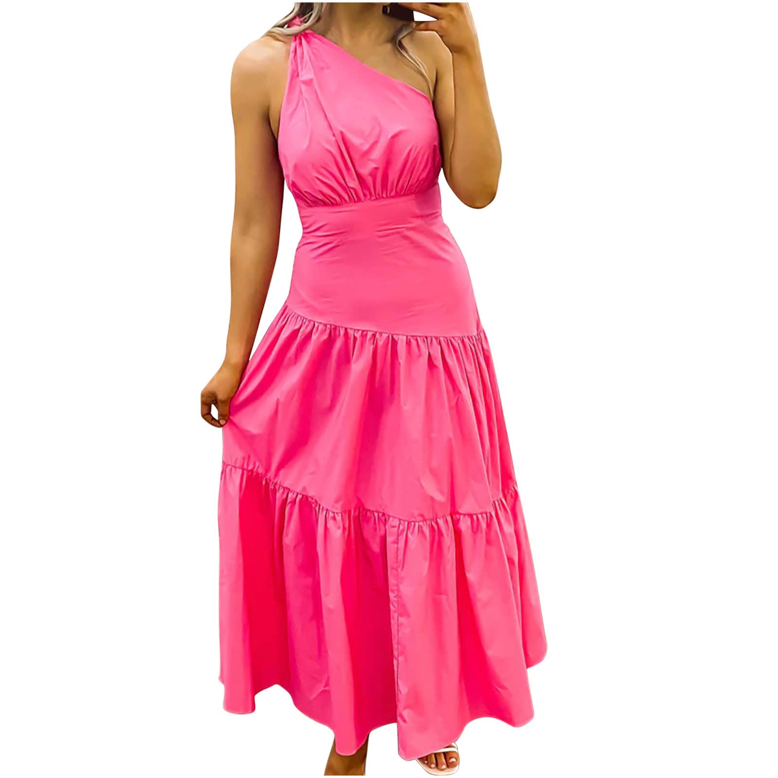Bohemian Floral Print One Shoulder Sleeveless Smocked Ruffle Maxi Dress for Women - Summer Beach Party, Vacation, Casual Outfit