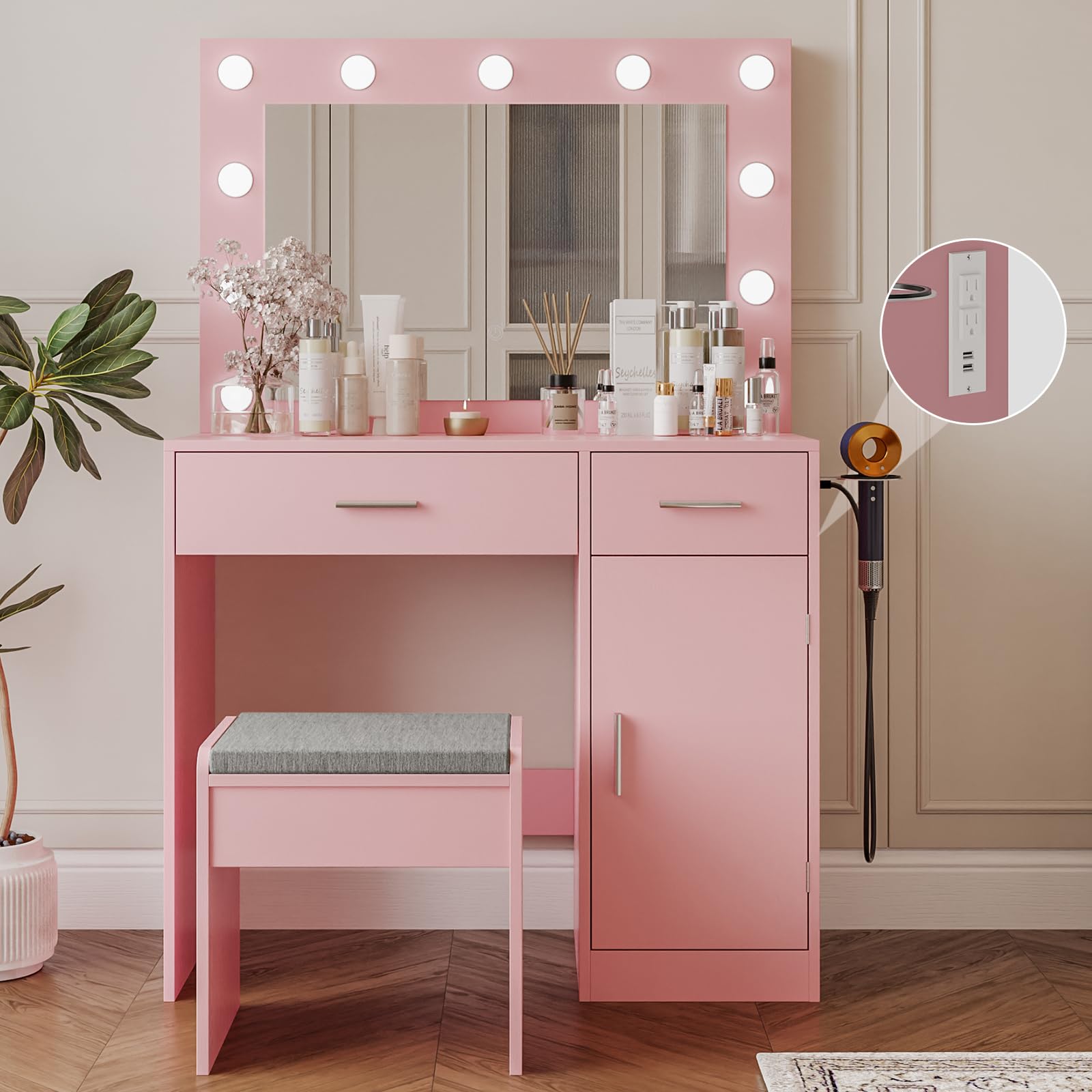 Pink Vanity Desk with Mirror, Large Drawer & Built-in Power Outlet - 11 LED Bulbs, 3 Adjustable Lighting Modes, Makeup Dressing Table for Bedroom, Perfect for Applying Makeup & Skincare Routine