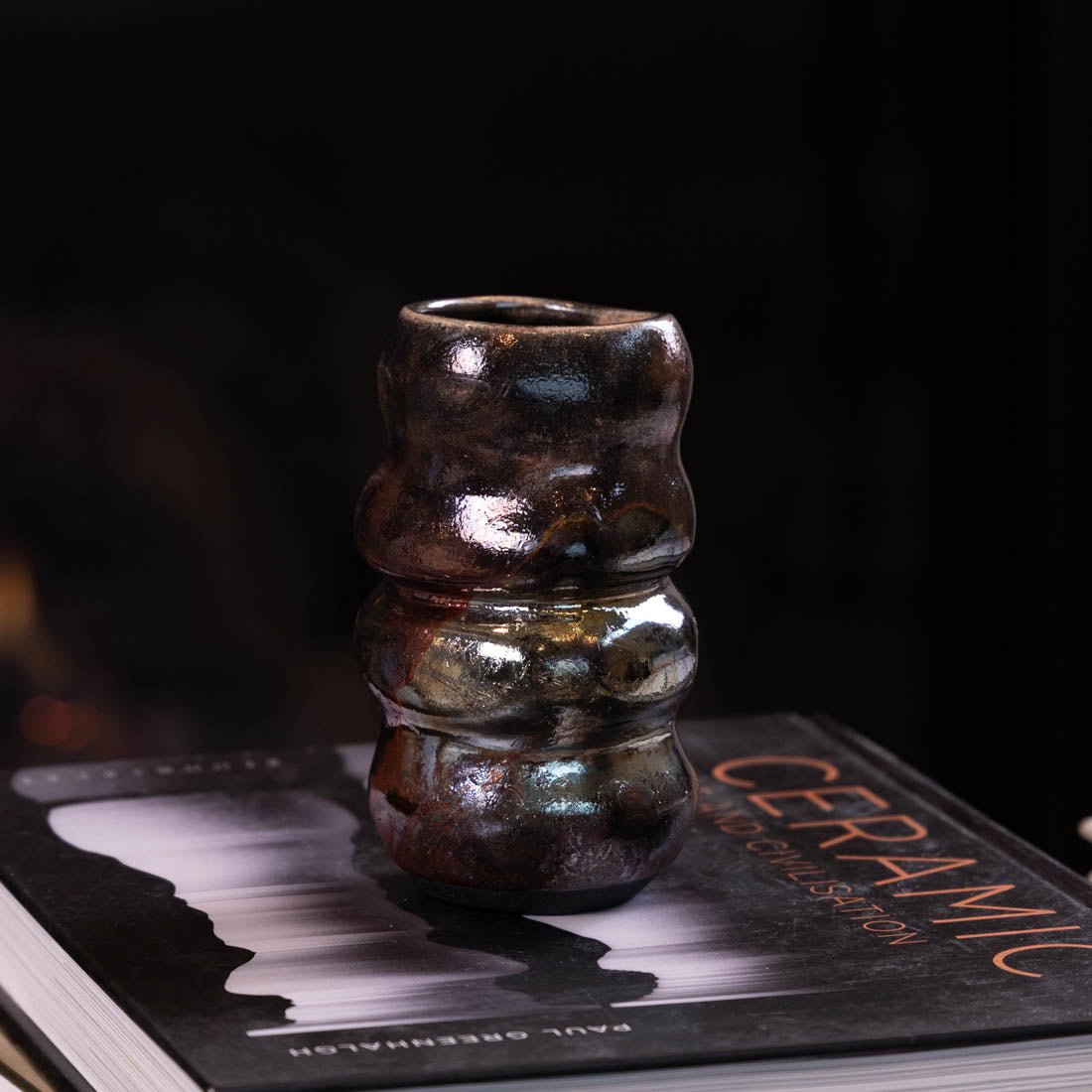 Handcrafted Medium Small RAKU Pot #06 - Dark Neutrals, Coppers & Silvers - Unique Ceramic Art Piece for Home Decor, Zen Garden & Gift Giving