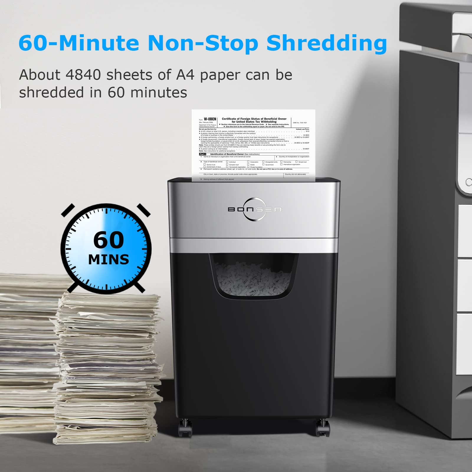 BONSEN 16-Sheet Heavy Duty Cross-Cut Paper Shredder for Office & Home Use - 60-Minute Continuous Run Time, 60dB Low Noise, 5.3-Gallon Pull-Out Bin, Anti-Jam Technology - Perfect for Confidential Document Destruction & CD Shredding (Model S3102)