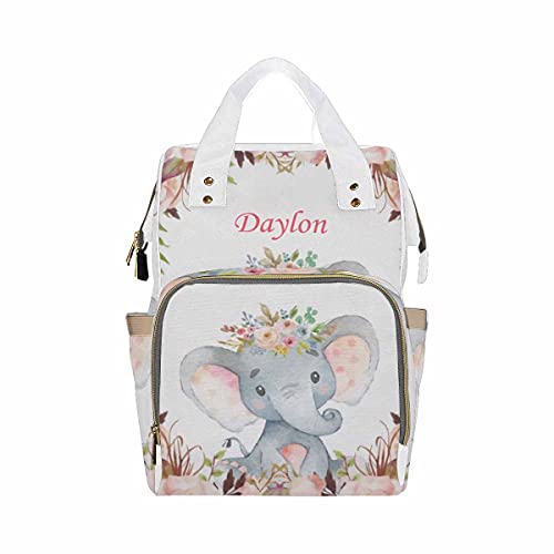 Custom Elephant with Wreath Personalized Diaper Backpack - Adjustable Shoulder Tote Bag for Baby Essentials | Perfect Baby Shower Gift & Travel Diaper Bag for Moms