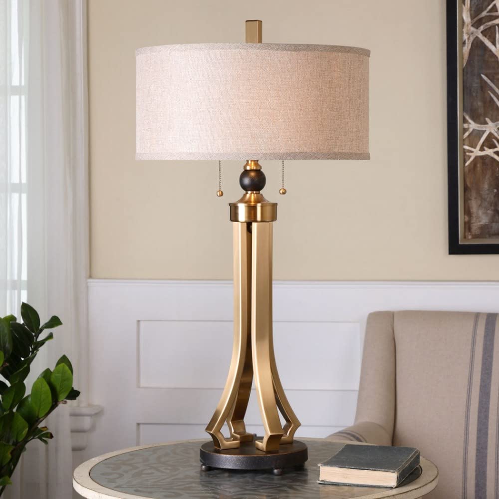 Brushed Brass Table Lamp with Beige Linen Drum Shade - 2 Light Tall Floor Lamp with On/Off Switch for Living Room, Bedroom, or Office Decor