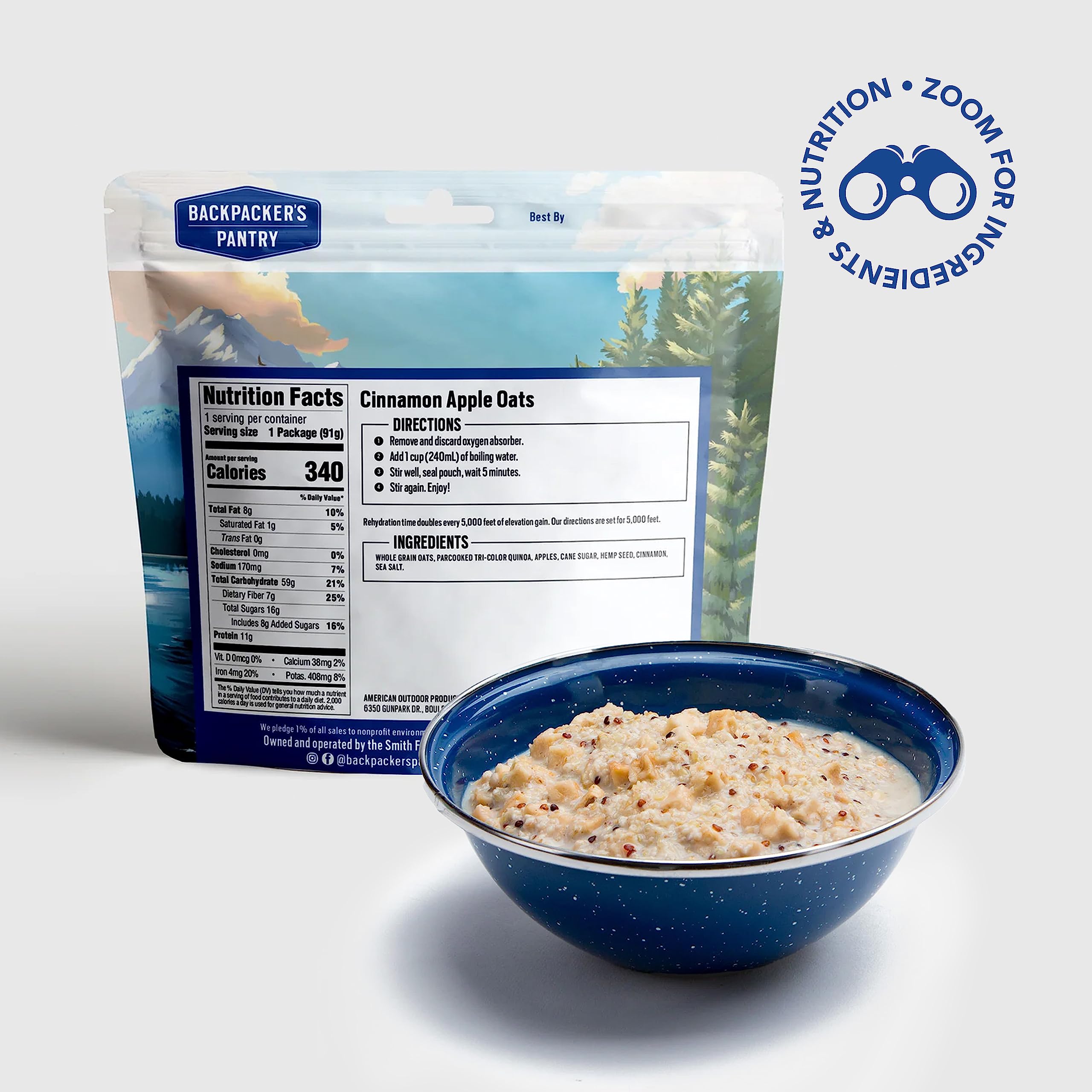 Backpacker's Pantry Cinnamon Apple Oats - Freeze Dried Backpacking & Camping Food - High Protein Vegan Breakfast (11g Protein) - Gluten Free Emergency Meal - 1 Pack - Perfect for Hiking, Travel and Survival Kits