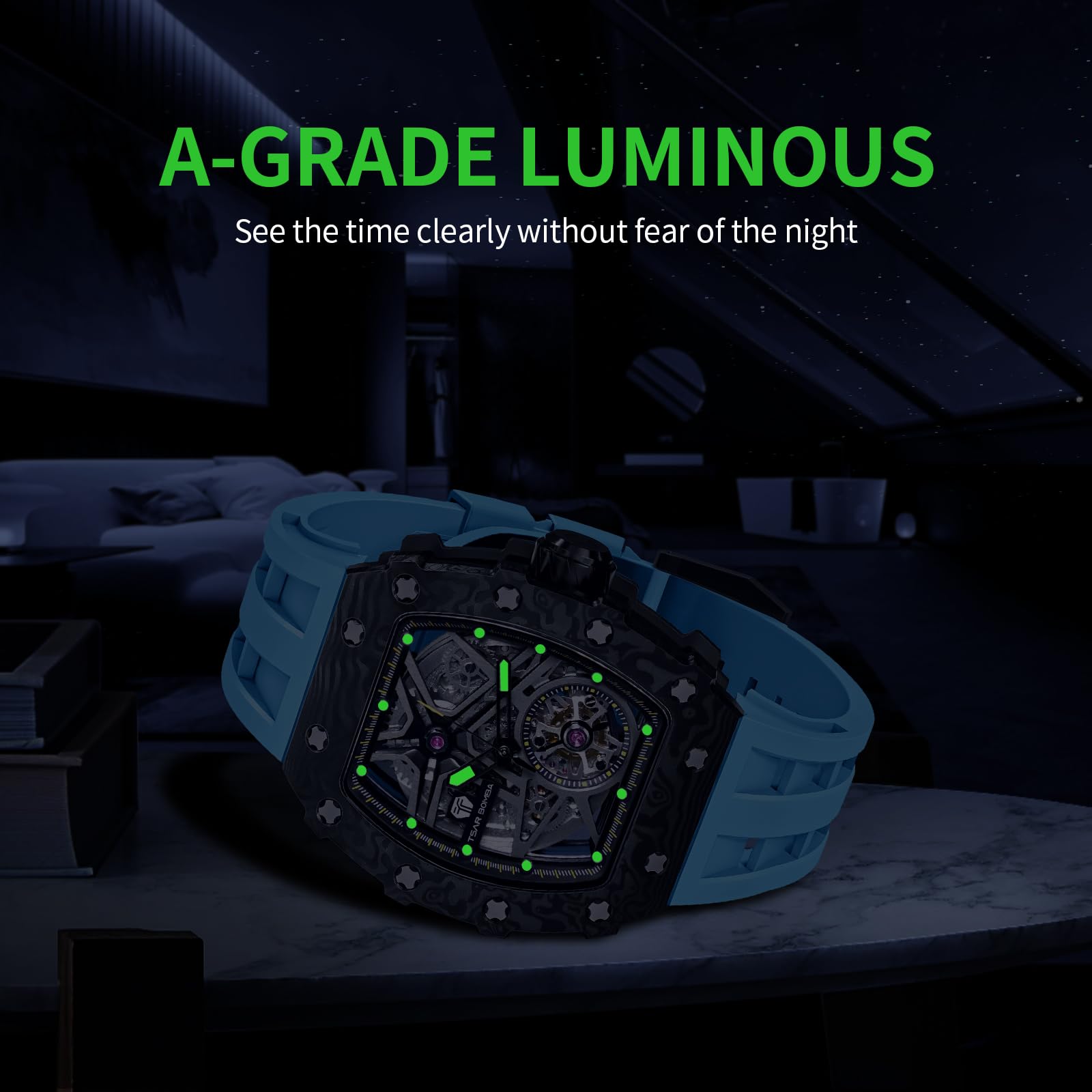 TSAR BOMBA Men's Luxury Automatic Skeleton Watch - Silver Square Big Face, 50M Waterproof, Silicone Strap - Perfect for Business, Casual & Formal Wear - Unique Analog Wristwatch for Men