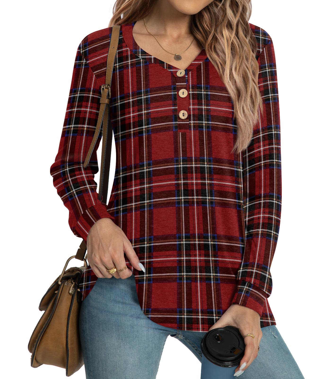 2024 Women's Winter & Fall Long Sleeve Casual T-Shirts - V-Neck Button Down Henley Blouse Tunic Tops | HOTGIFT | Perfect for Office Wear, Layering & Everyday Comfort