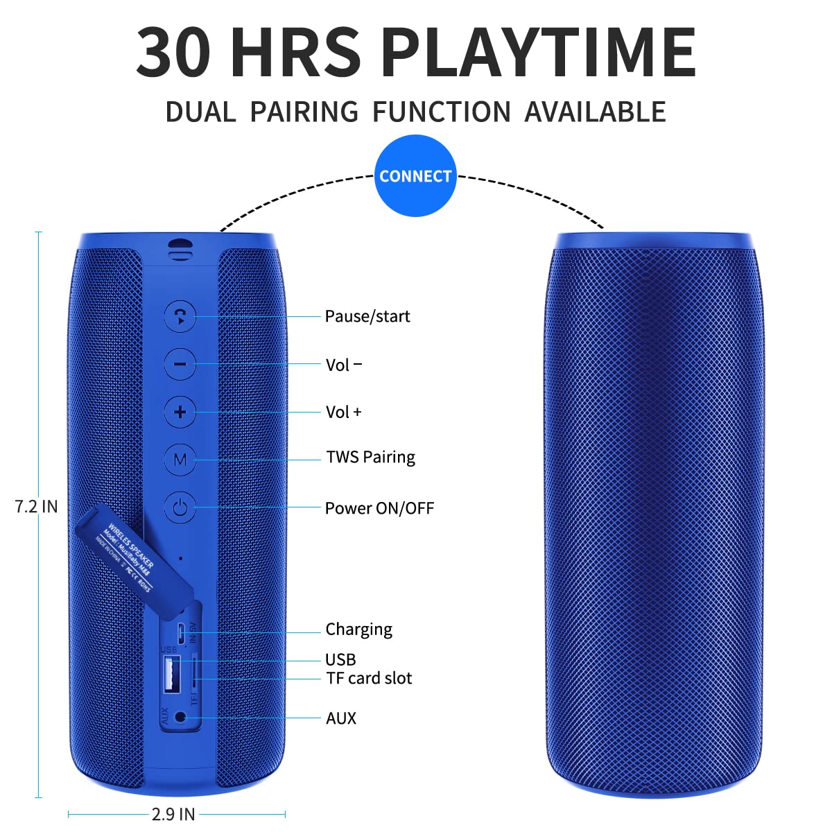 MusiBaby M88 Bluetooth Speaker with Dual Pairing, Bluetooth 5.3, Loud Stereo Sound, Booming Bass, 30H Playtime - Perfect for Home, Outdoor Party, Beach, Camping, and Travel (Blue)